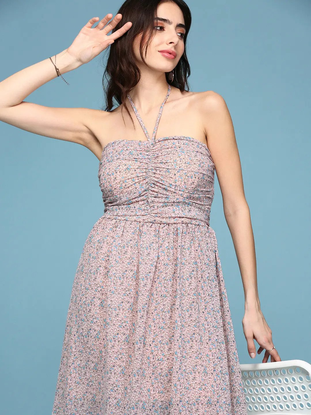 Shop Women's Peach Floral Printed Gathered Ruched Fit & Flare Dress|  Showoffff