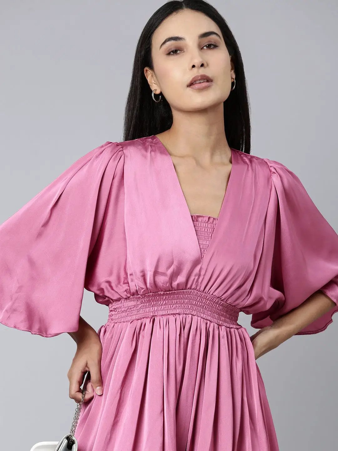 Shop Women's Pink Puff Sleeve Satin Fit & Flare Midi Dress| Showoffff