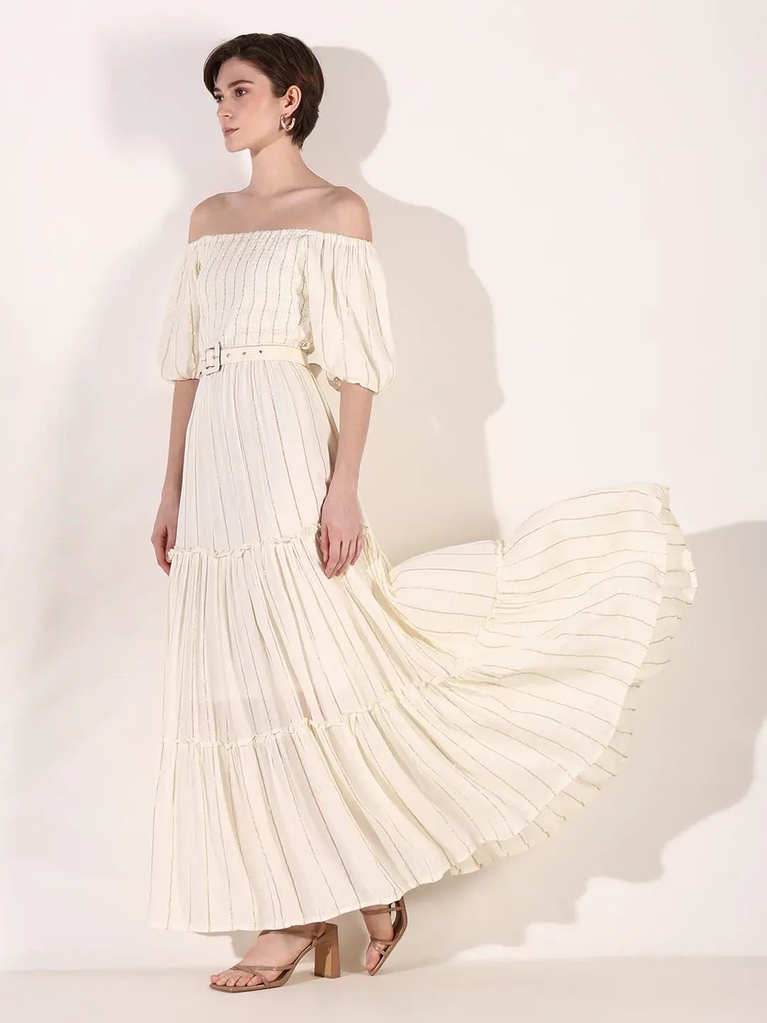 Shop Women's Cream Striped Fit and Flare Dress with Belt| Showoffff Shop Women's Cream Striped Fit and Flare Dress with Belt| Showoffff