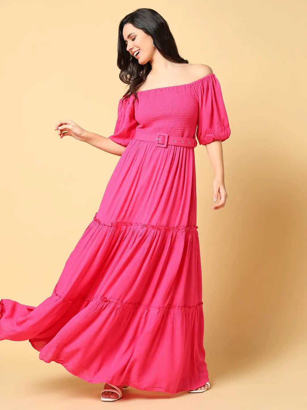 Women's Solid Pink Fit and Flare Dress with Belt Women's Solid Pink Fit and Flare Dress with Belt