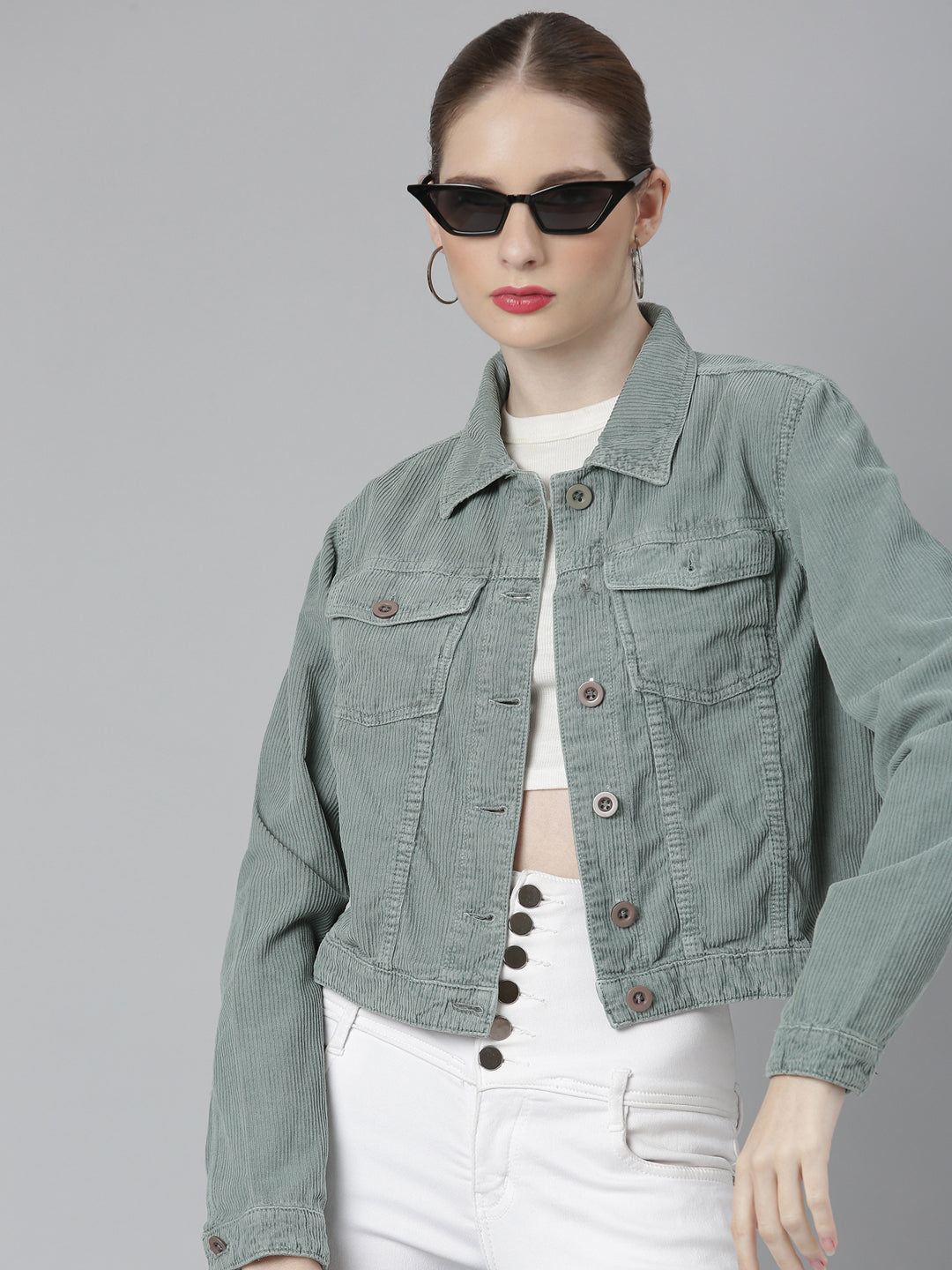 Buy Women's Sea Green Spread Collar Crop Corduroy Denim Jacket