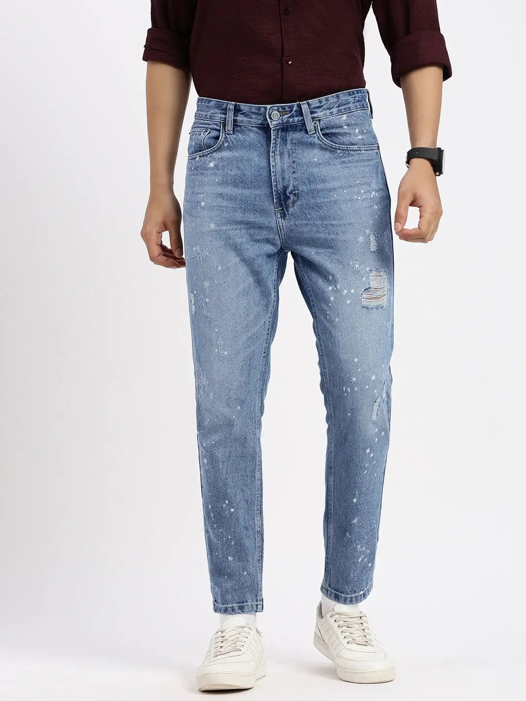 Men's Blue Comfort Mid-Rise Low Distress Heavy Fade Bleached Jeans - from SHOWOFFFF