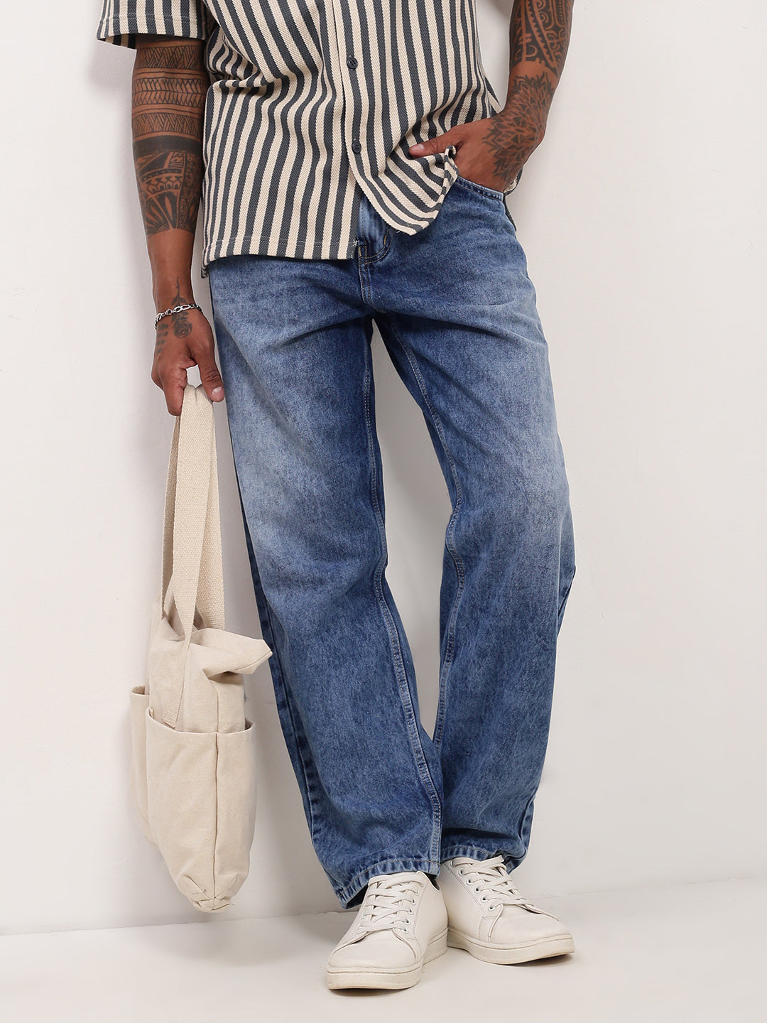 Shop Men's Blue Low-Rise Light Fade Baggy Jeans Showoffff