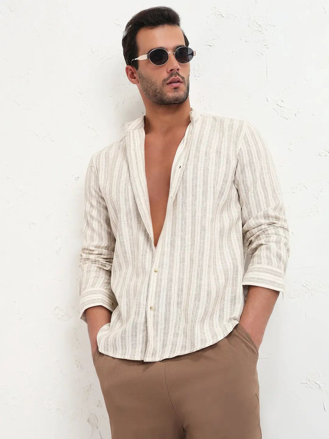 Buy Men's Cream Mandarin Collar Striped Slim Fit Shirt | Showoffff