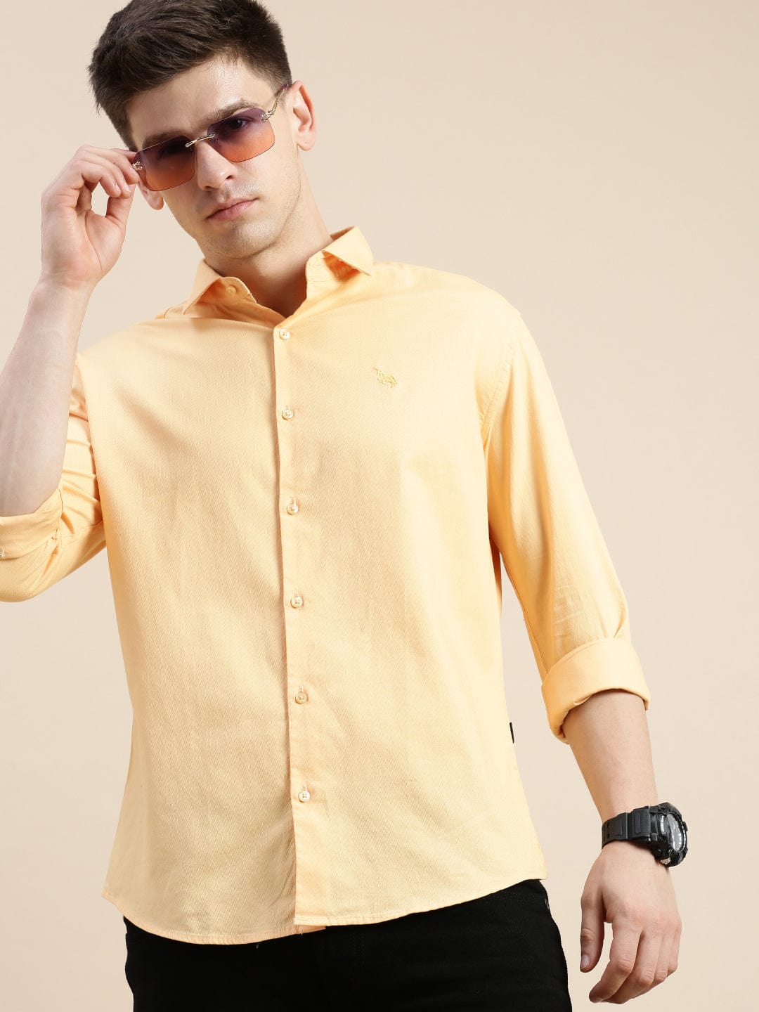 SHOWOFFFF Men's Spread Collar Solid Orange Shirt