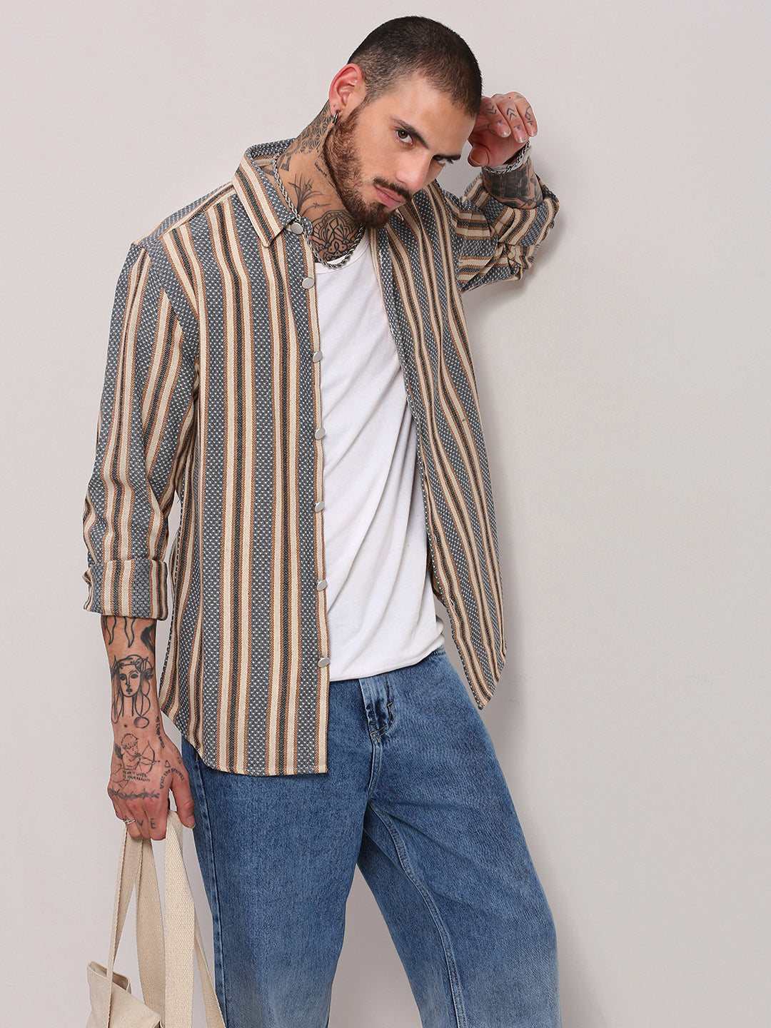 Shop Men's Beige Spread Collar Striped Slim Fit Shacket