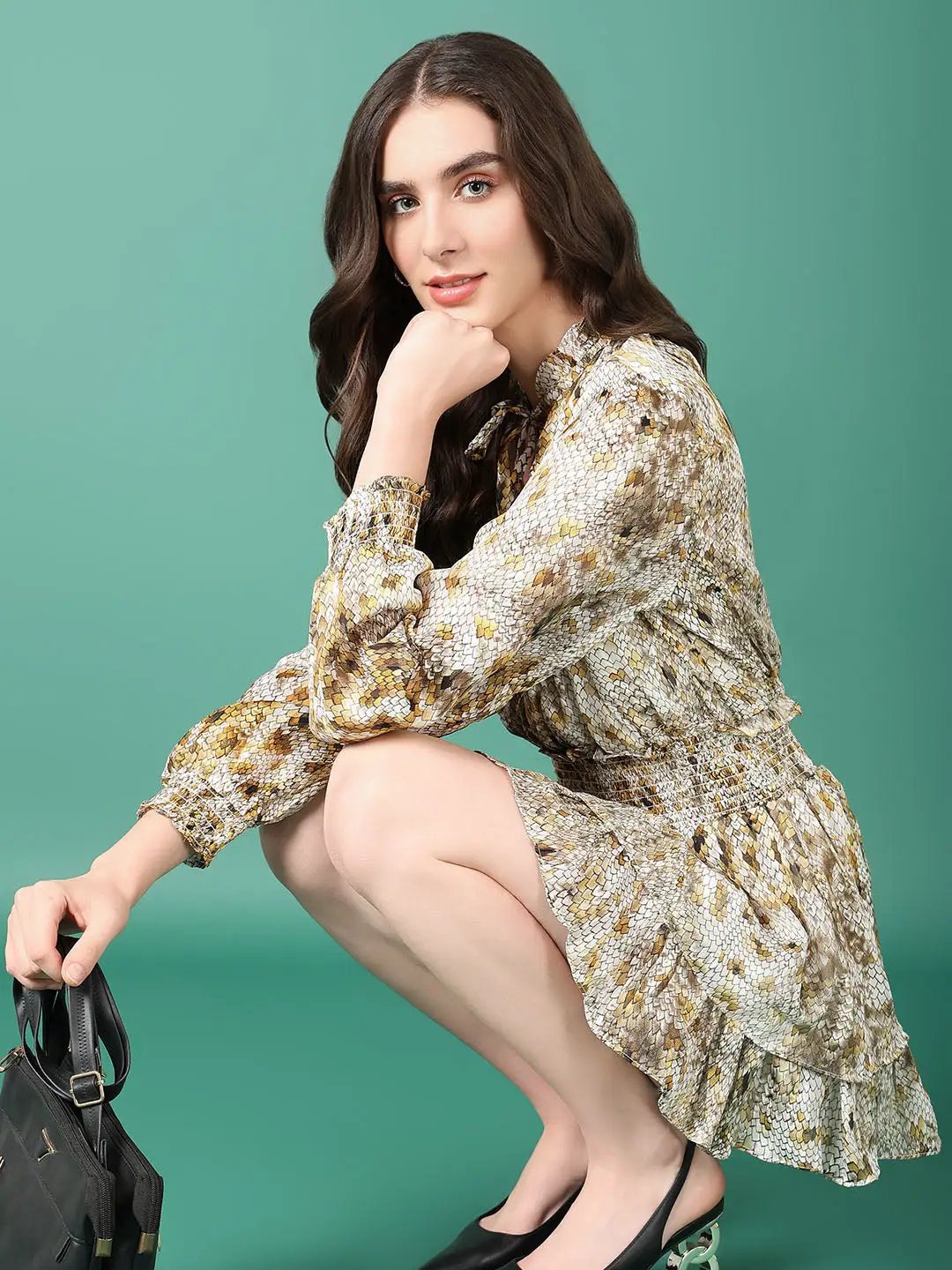 yellow floral fit and flare dress Mustard Yellow Floral Print Fit & Flare dress for Women