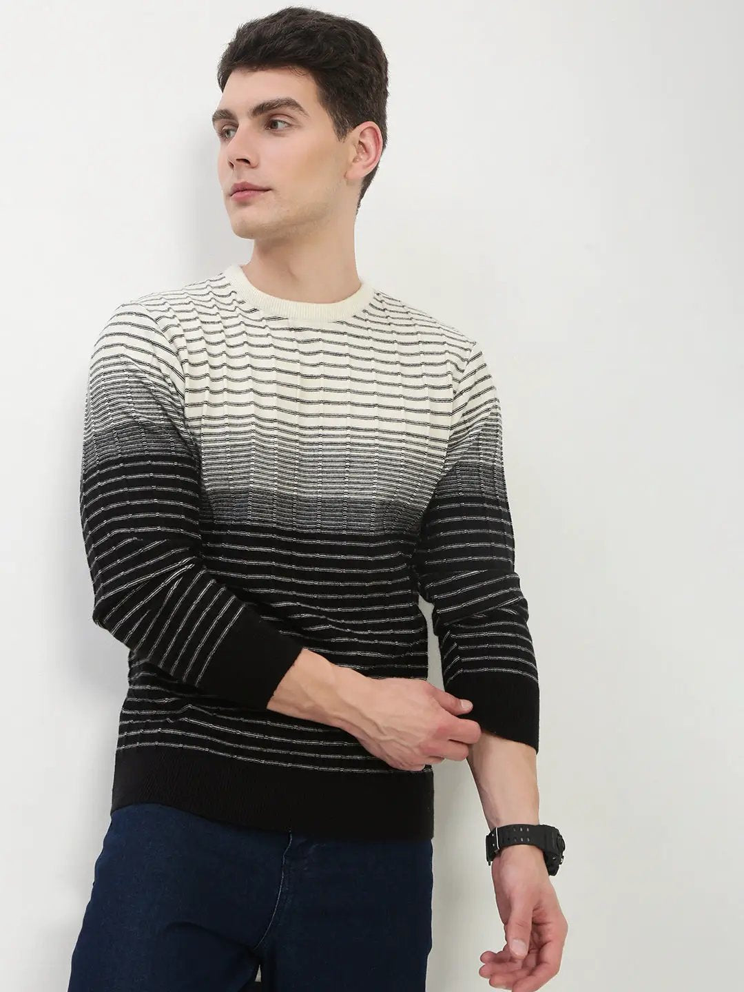 Men's Black Round Neck Striped Sweater - from SHOWOFFFF