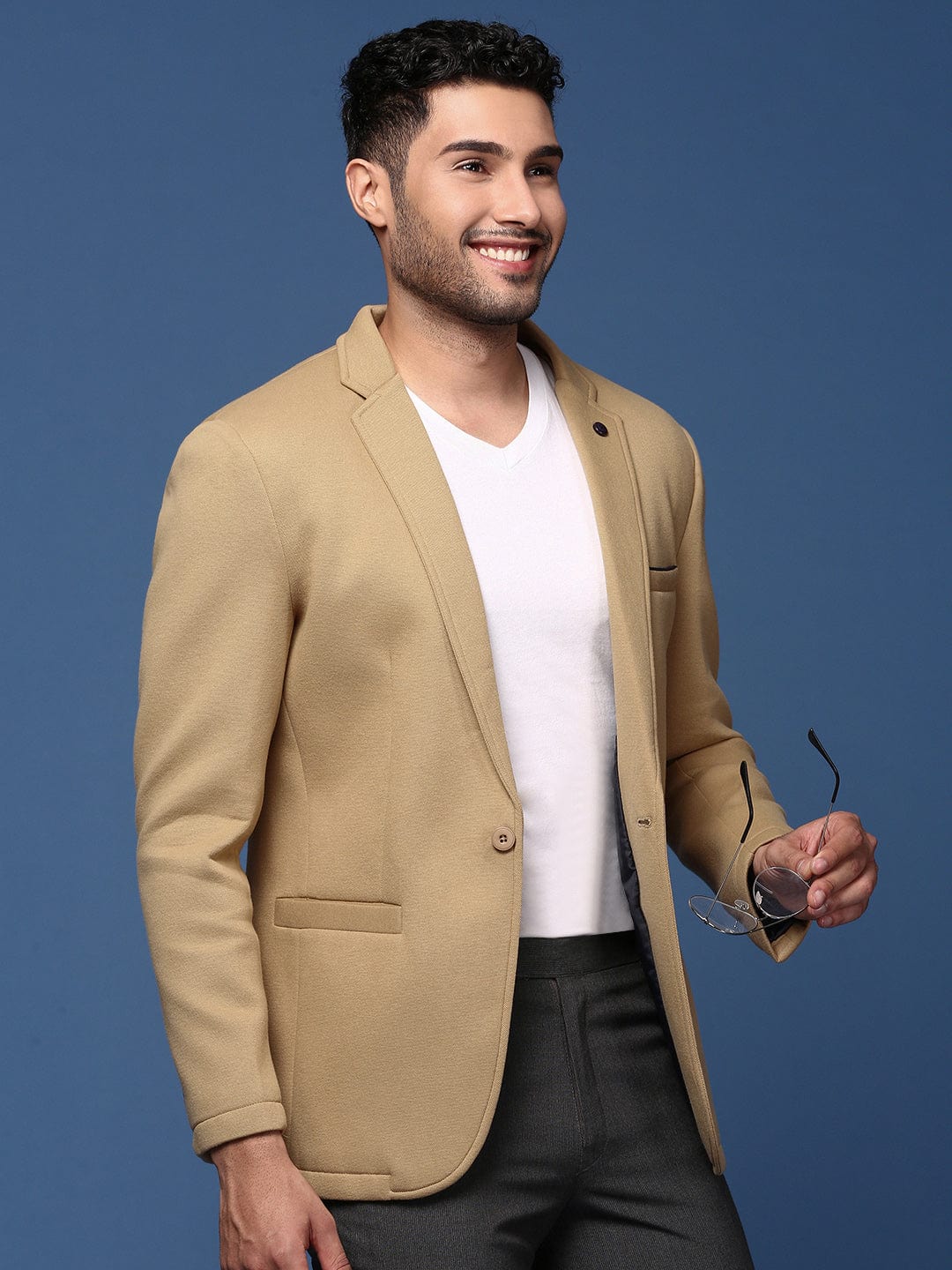 Buy Men's Khaki Slim Fit Single Breasted Casual Blazer Online - Main Image