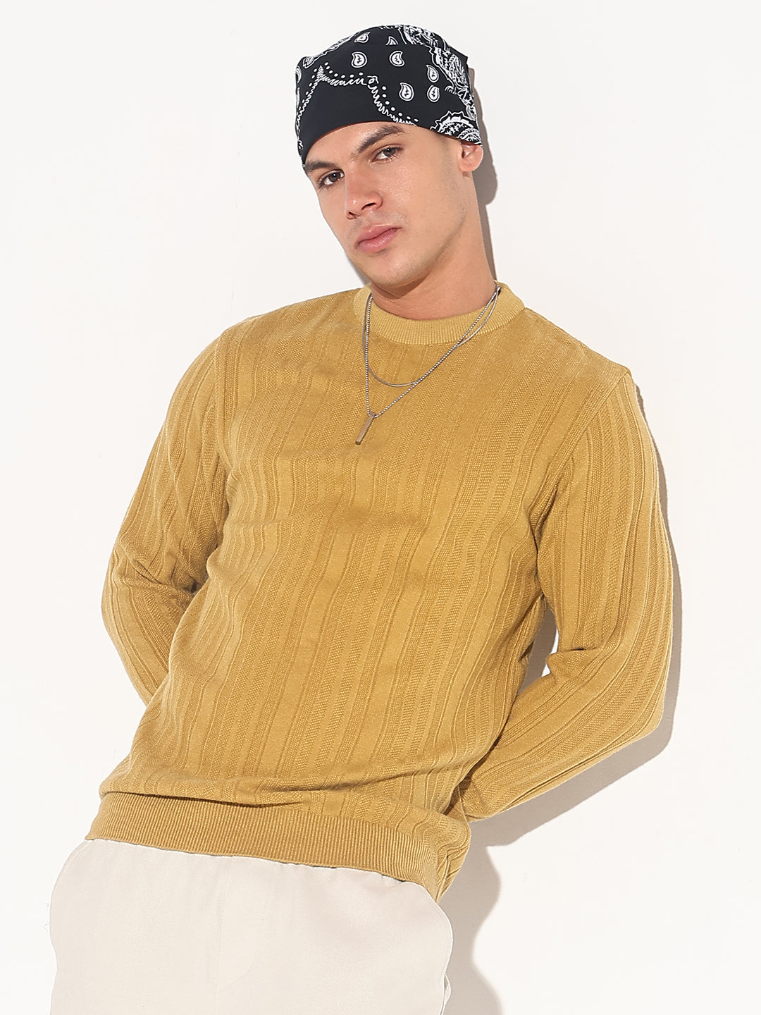 Shop Men's Mustard Ribbed Round Neck Sweater Showoffff