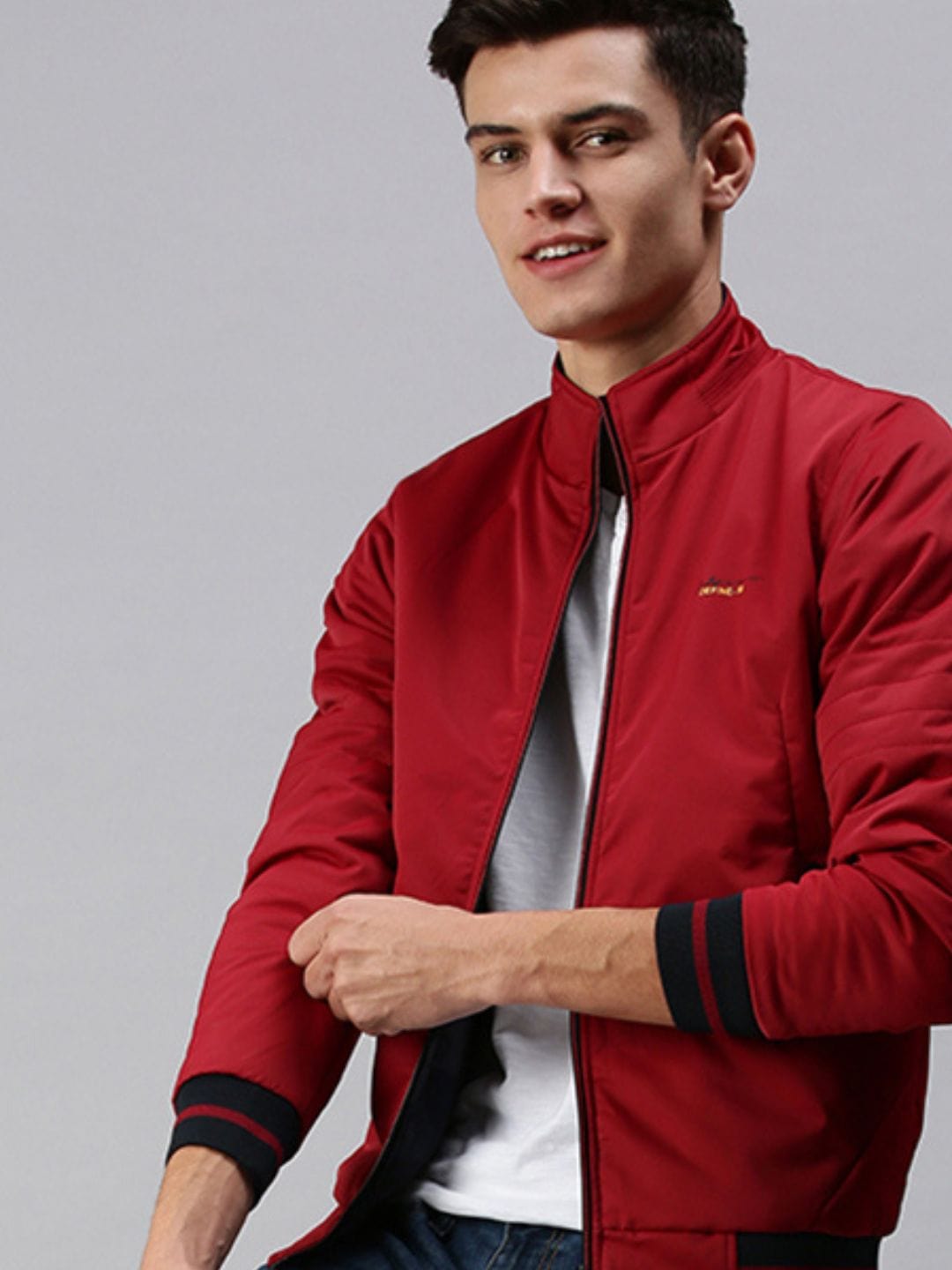 Buy Men's Maroon Reversible Puffer Jacket with Embroidered Online
