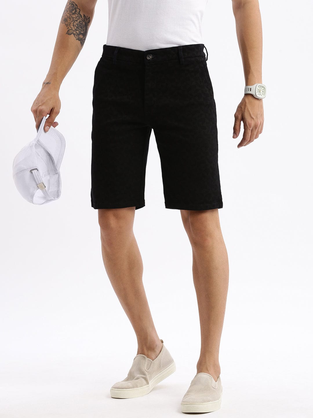Shop Men's Geometric Black Low-Rise Denim Shorts Showoffff