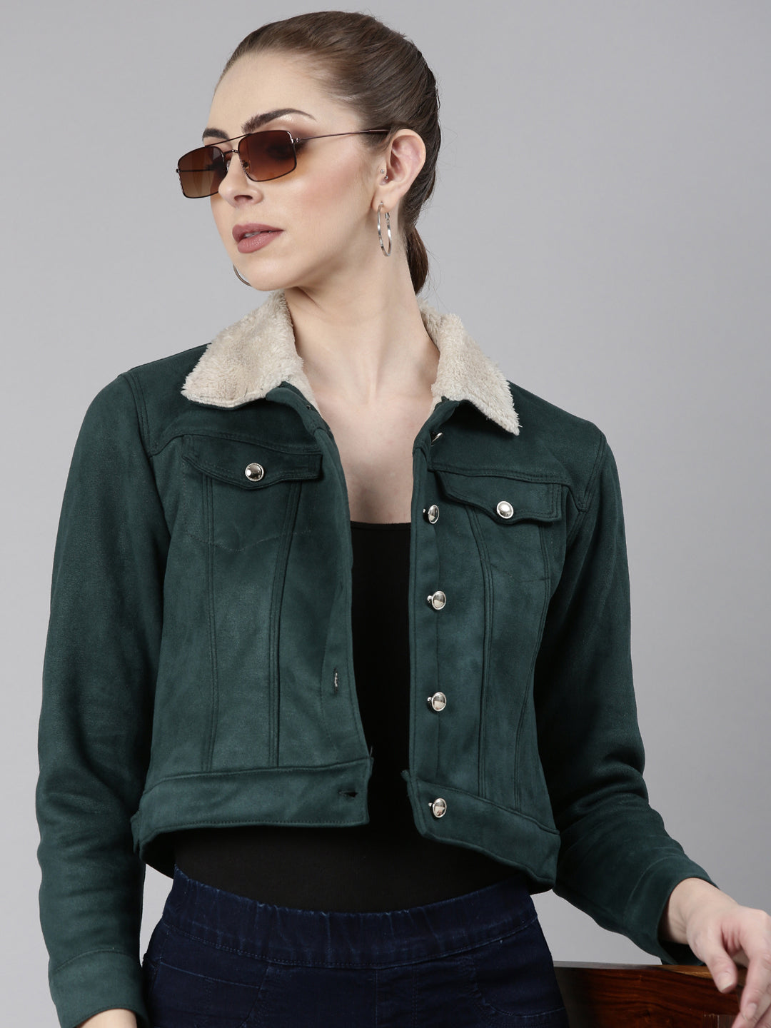 Buy Women's Green Crop Suede Tailored Jacket Online Showoffff
