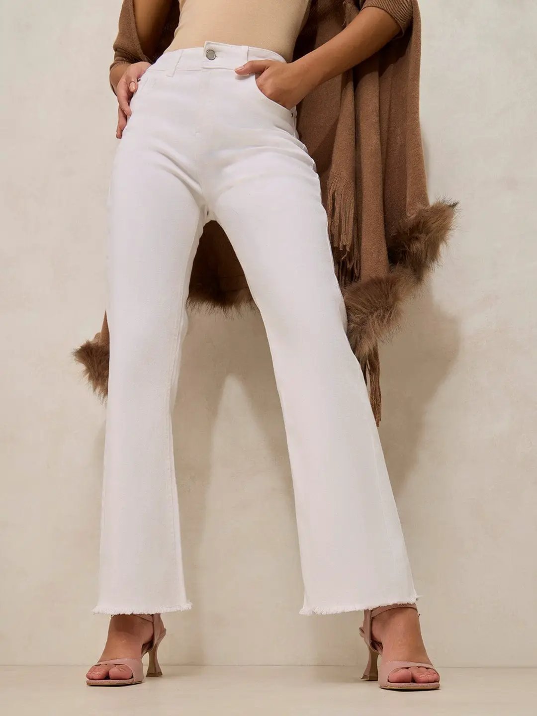 Women's White Denim High Rise Mini Flare Jeans with Frayed Hem - from SHOWOFFFF