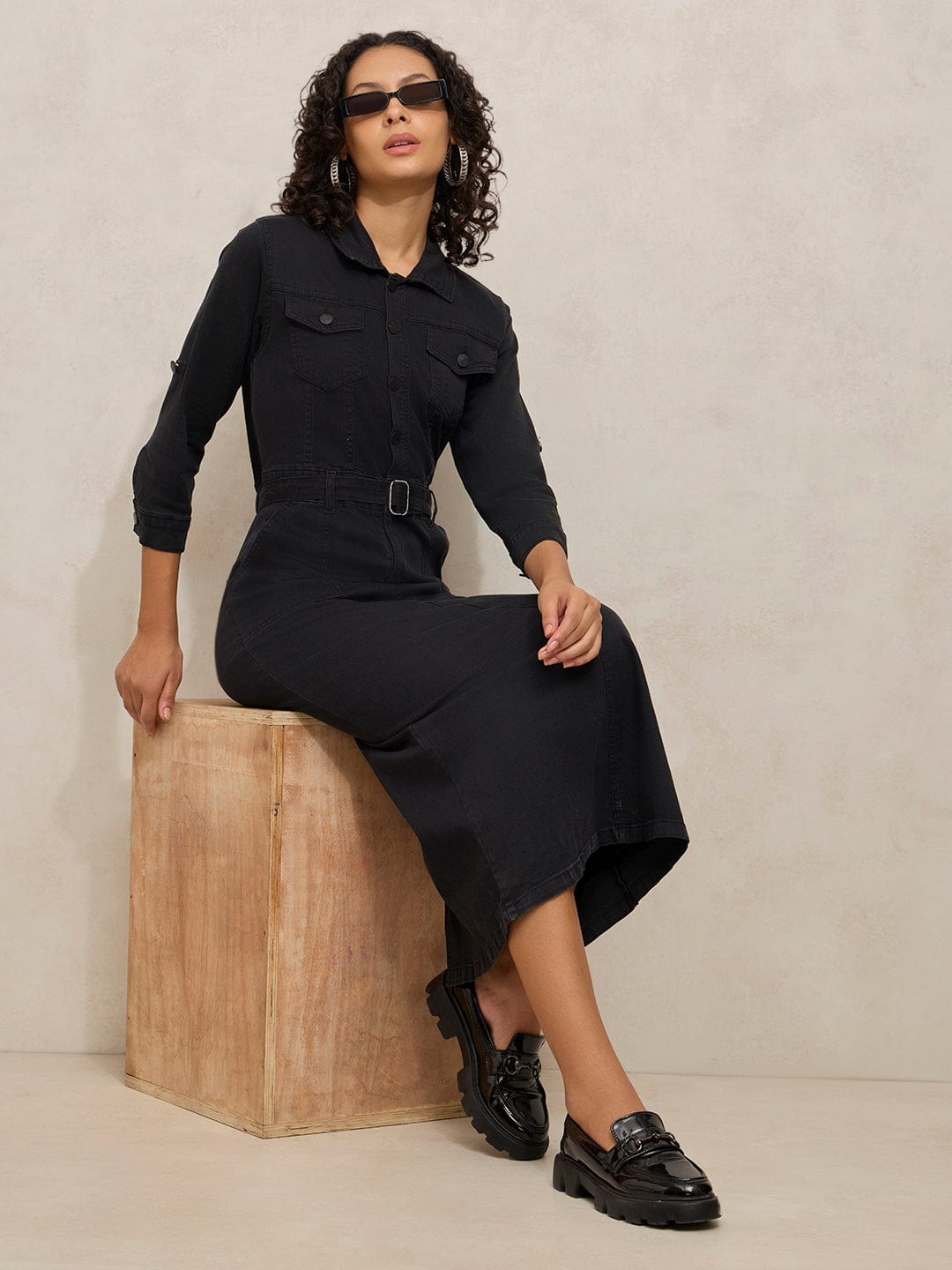 Beautiful Women's Black Denim Shirt Style Midi Dress with Showoffff