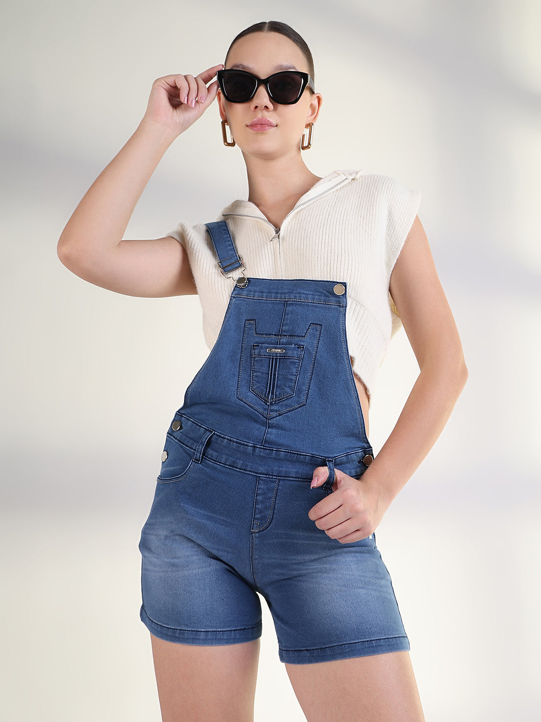 Buy Women's Solid Blue Denim Dungaree Showoffff