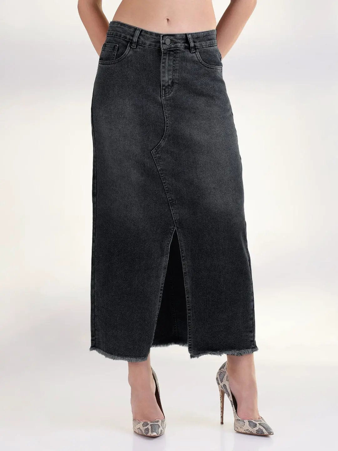 Women's Black Pencil Maxi Denim Skirt with Front Slit - from SHOWOFFFF