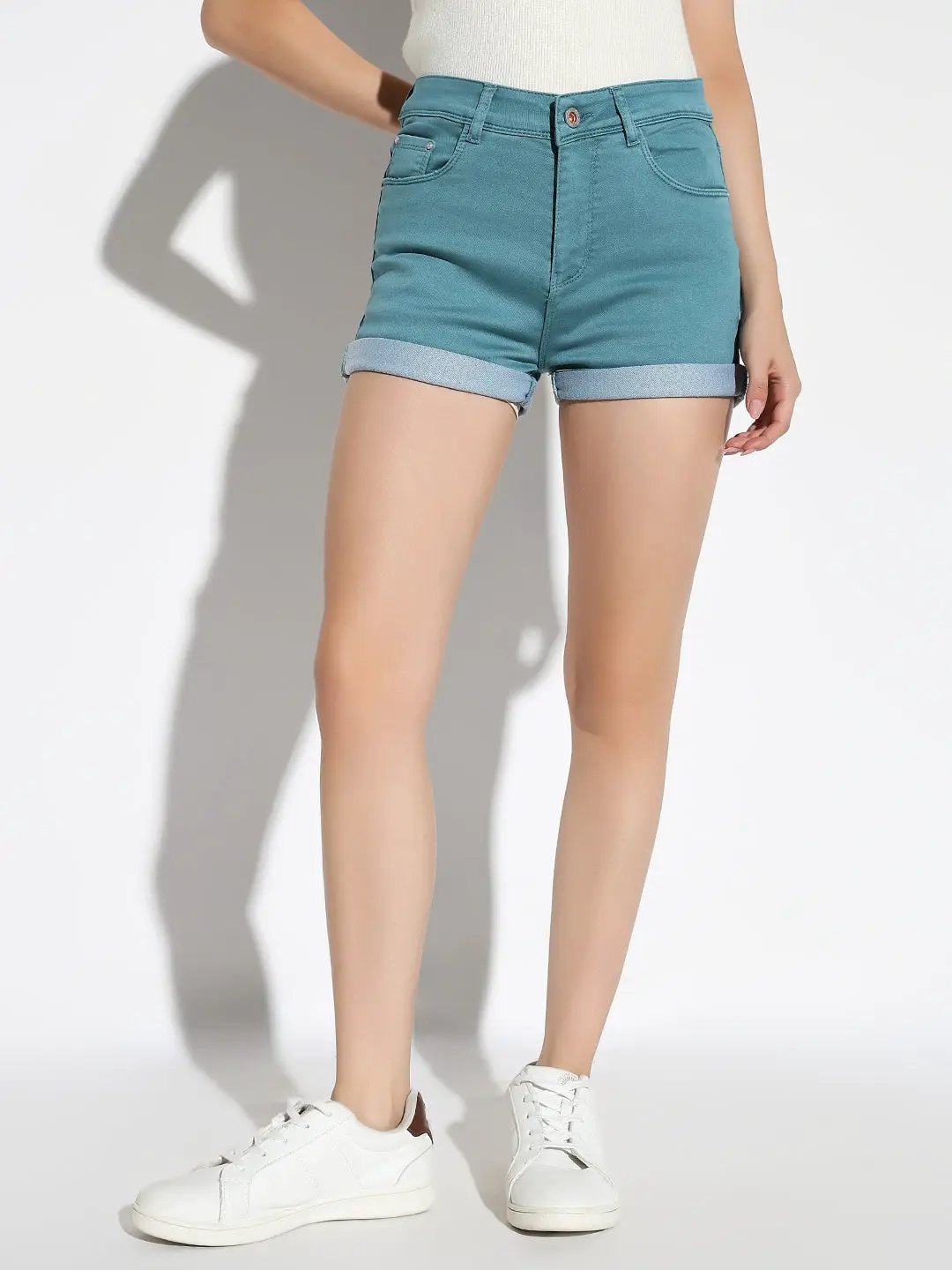 Women's Teal Solid Slim Fit Denim Shorts - from SHOWOFFFF