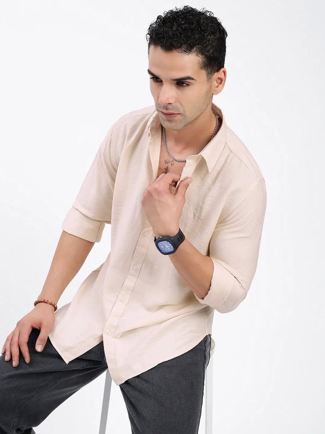 Buy Men's Cream Standard Spread Collar Solid Cotton Casual Shirt