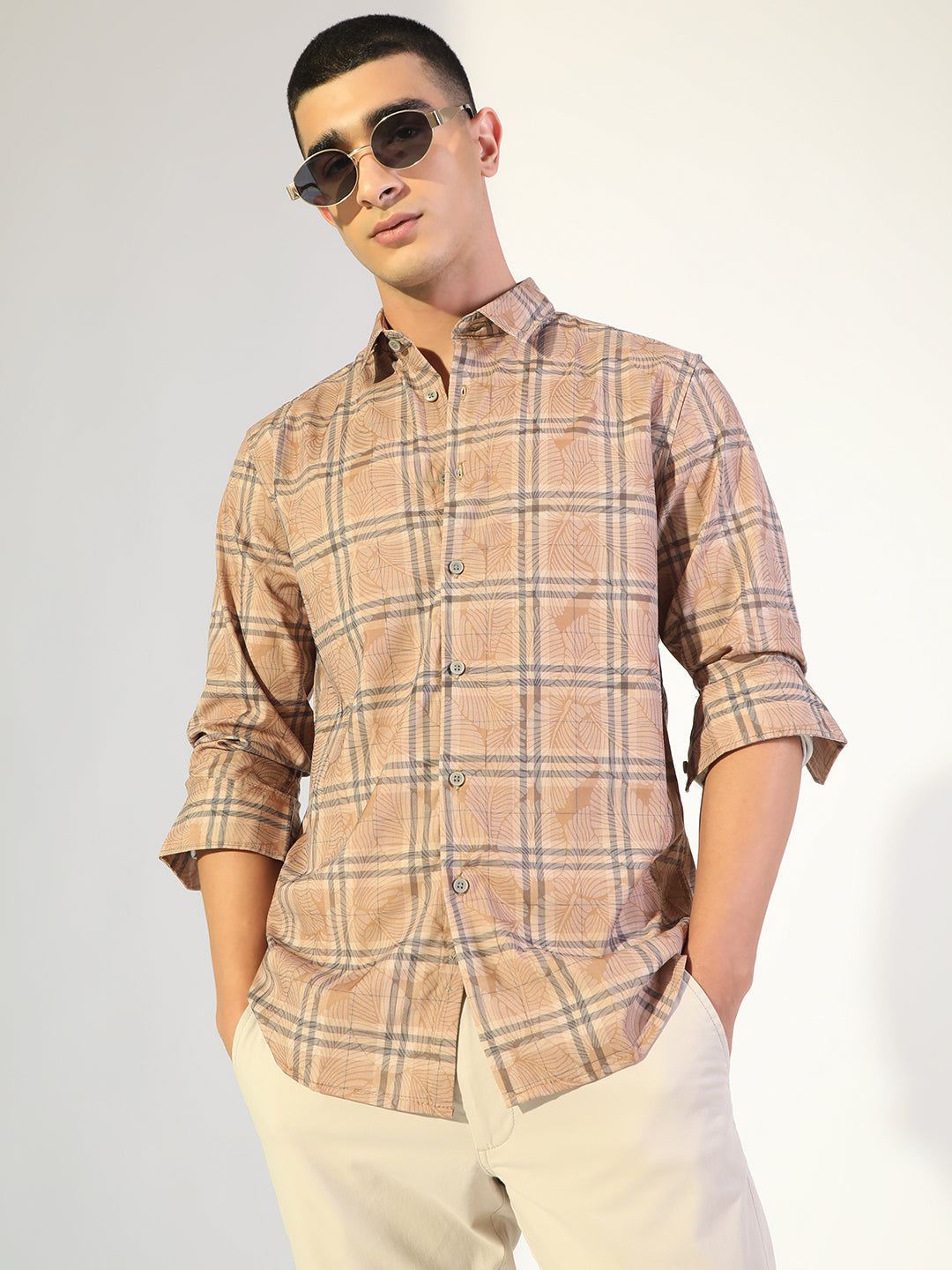 Shop Men's Printed Brown Checked Slim Fit Casual Shirt Showoffff