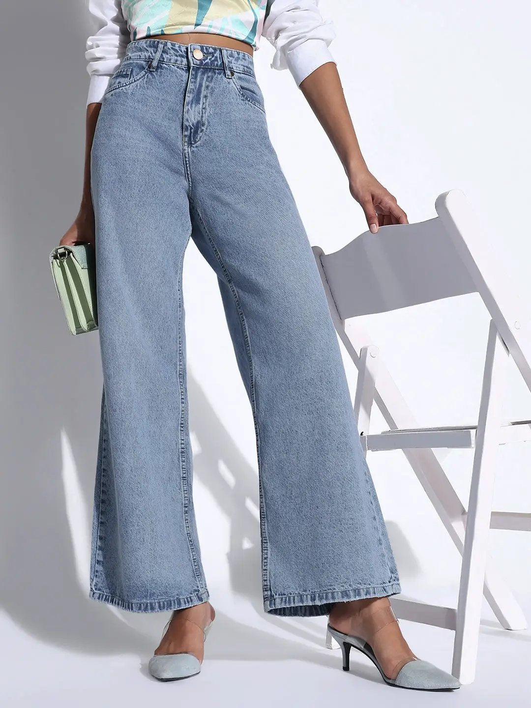 Women's Solid Blue Wide Leg Jeans - from SHOWOFFFF