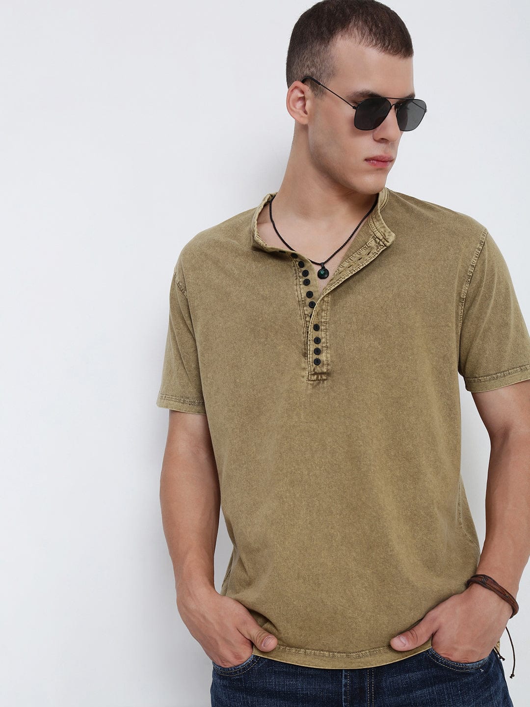 Buy Men's Khaki Henley Collar Slim Fit T-Shirt Online Showoffff