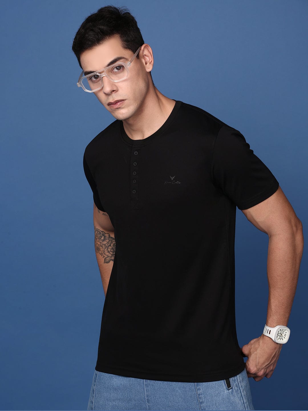 Buy Men's Black Henley Neck Cotton Solid Slim Fit T-Shirt Online