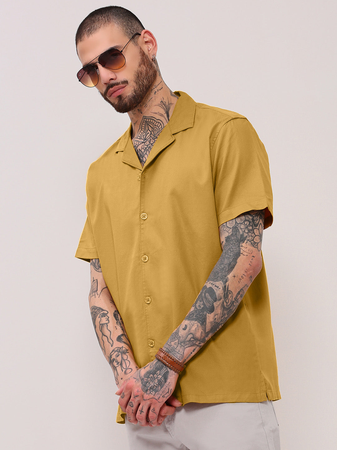 SHOWOFFFF Men's Mustard Solid Cuban Collar Relaxed Fit Shirt