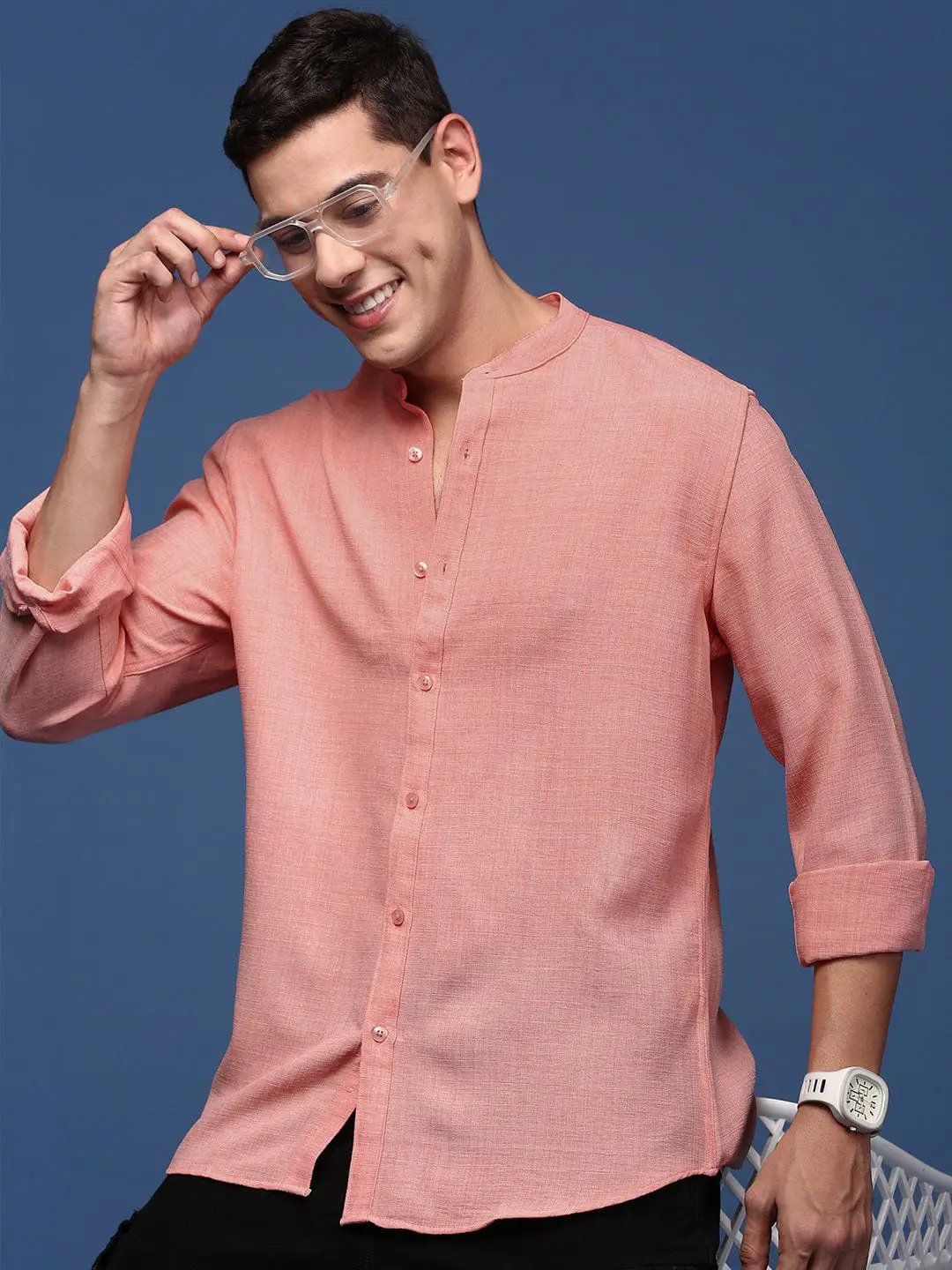 Men's Mandarin Collar Solid Peach Slim Fit Shirt