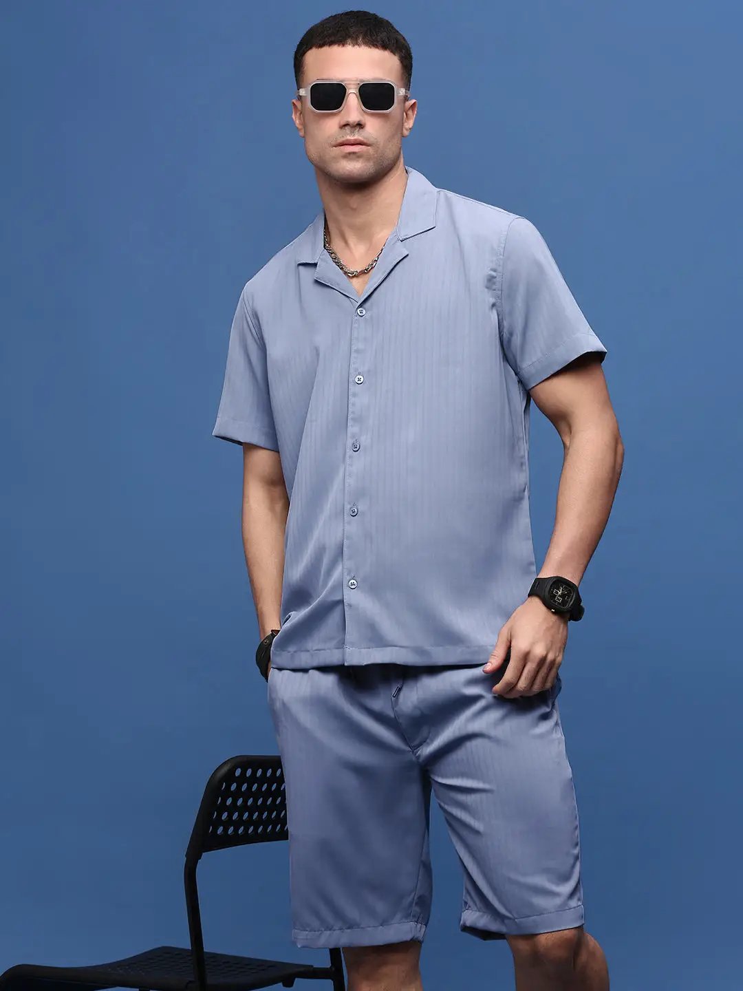Men's Abstract Printed Cuban Collar Teal Co-Ords Set