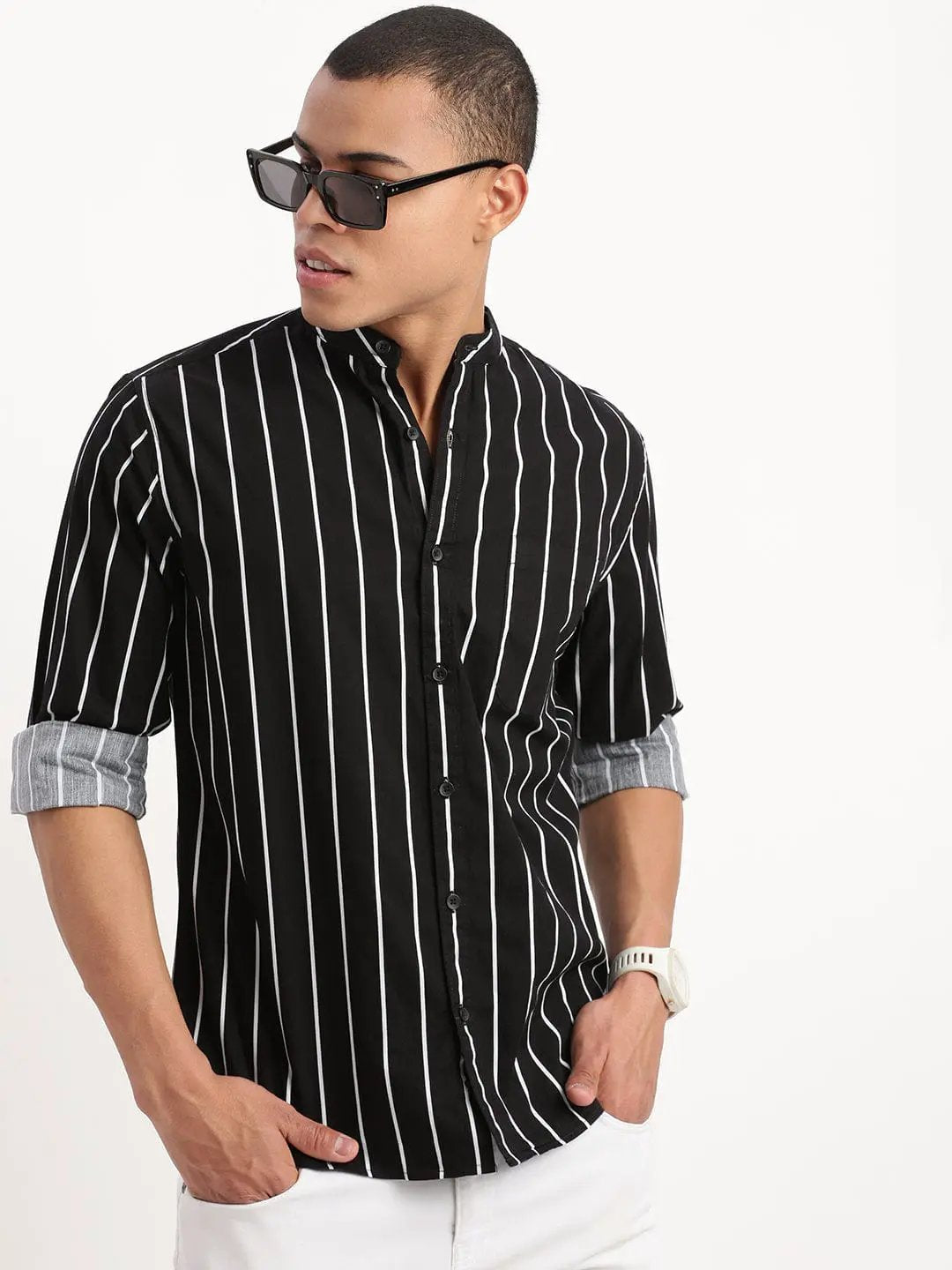 black dress shirt with white stripes Comfort Stretch Non-Iron Stripe Dress Shirt With Contrast Trim -  White/black main image 0