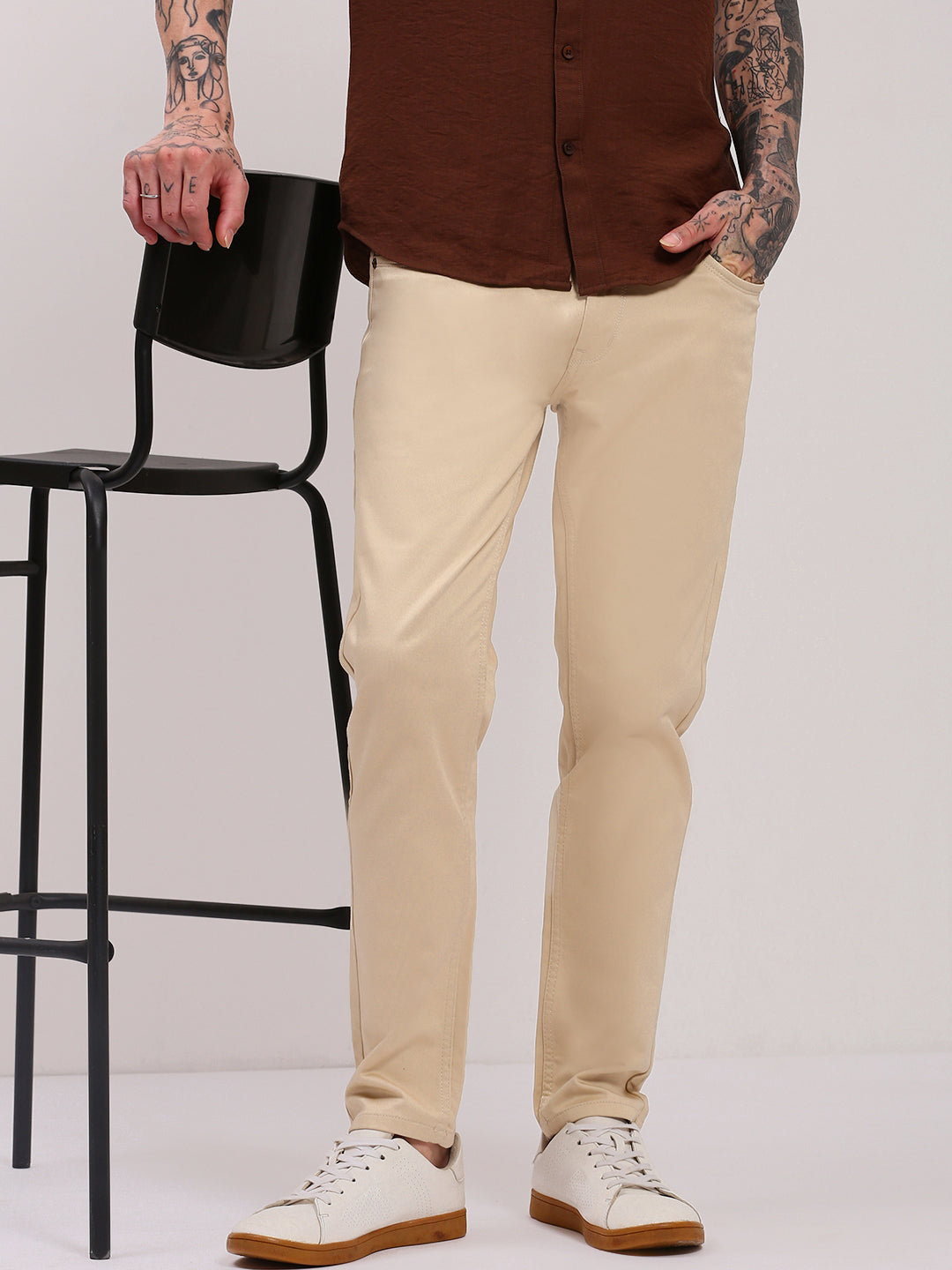 Men's Beige Low-Rise Slim Fit Jeans - Main Image