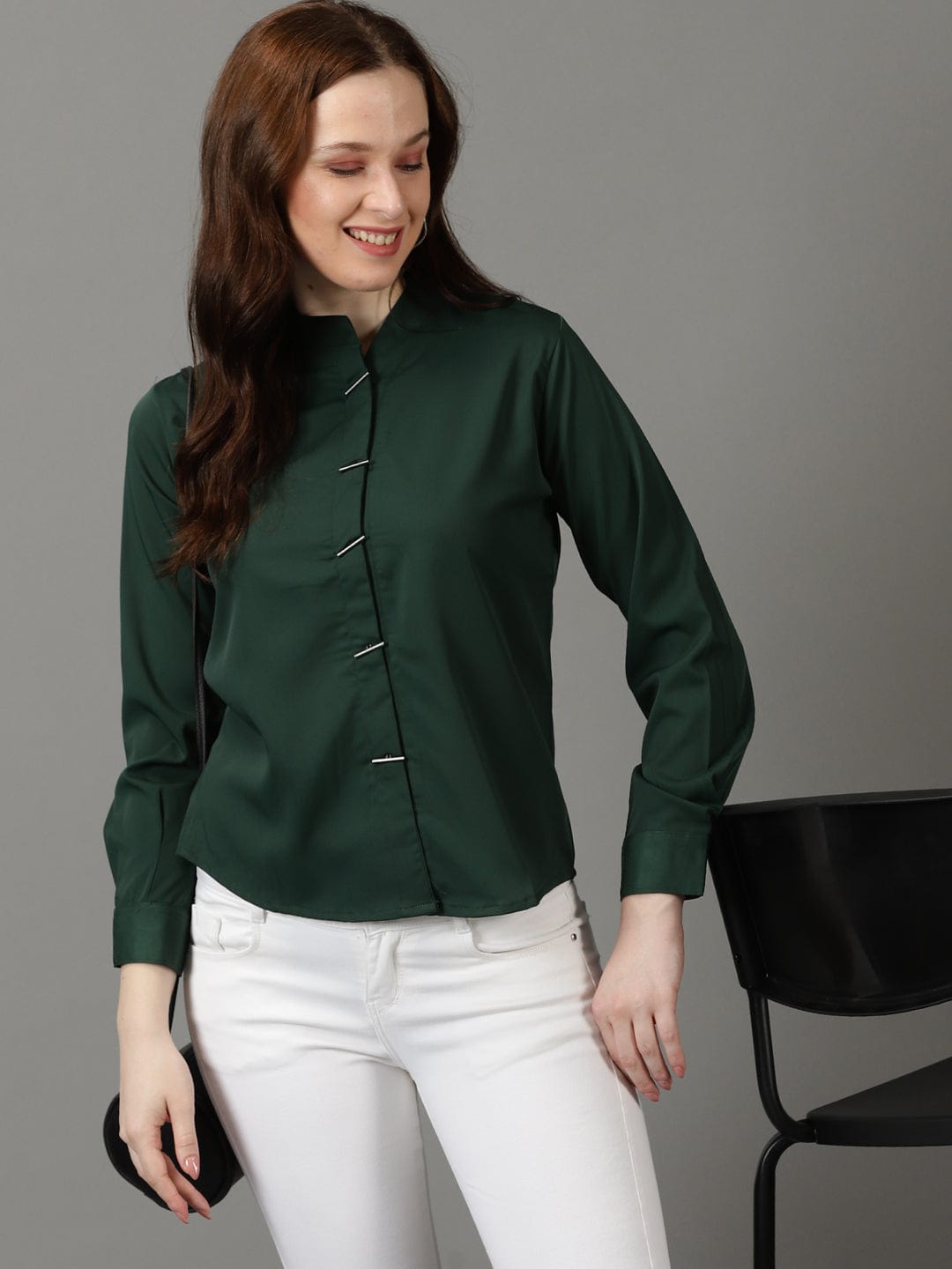 SHOWOFFFF Women's Mandarin Collar Solid Green Shirt Style Top
