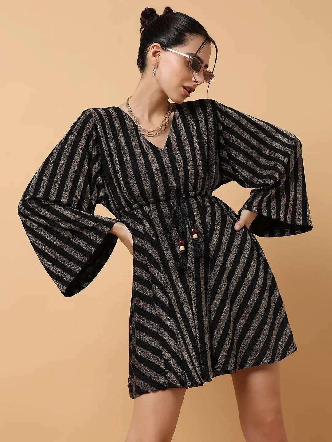 Women's V-Neck Striped Empire Bronze Dress - from SHOWOFFFF