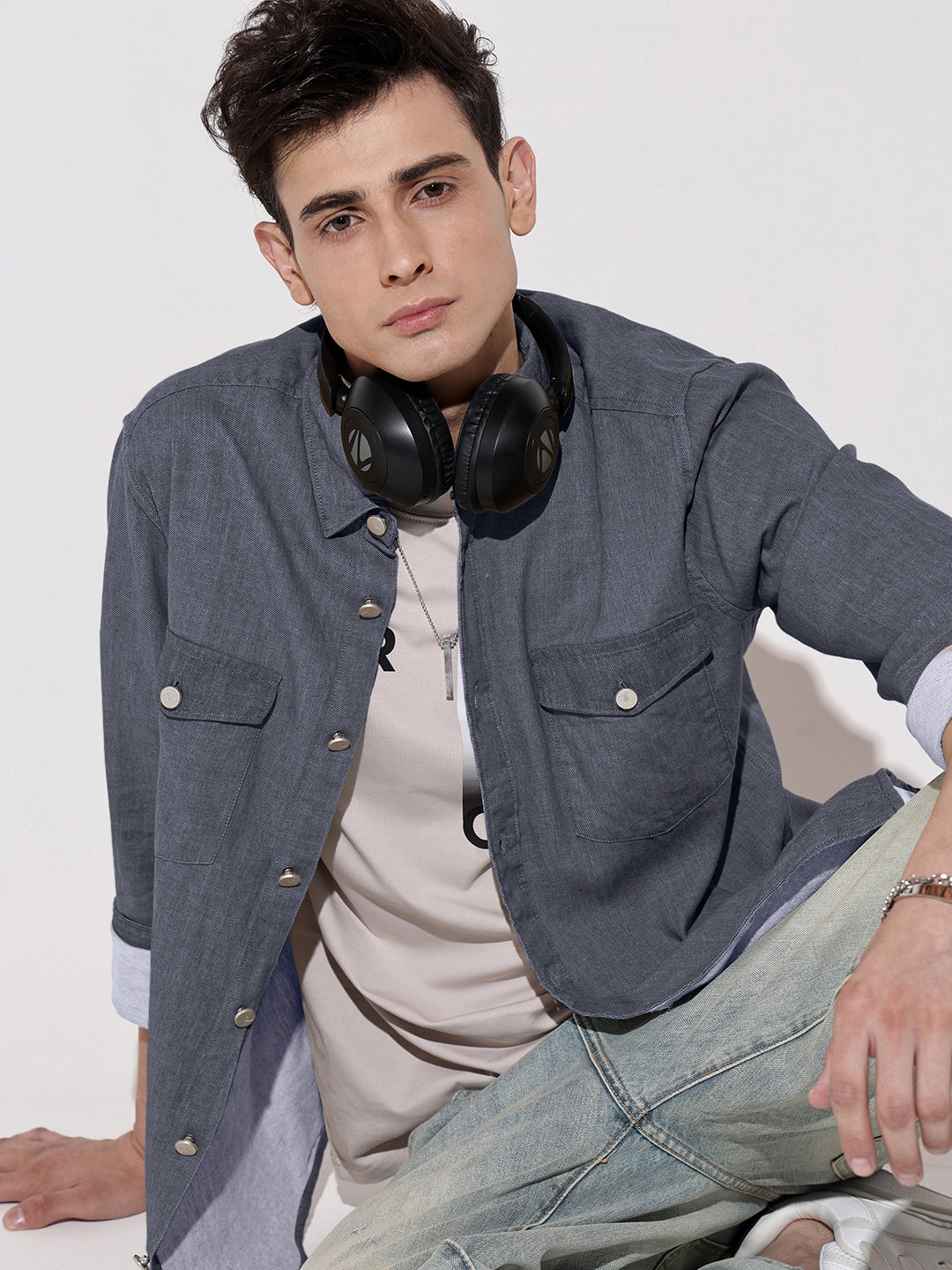 Men's Navy Blue Denim Button Down Shirt with Chest Pocket