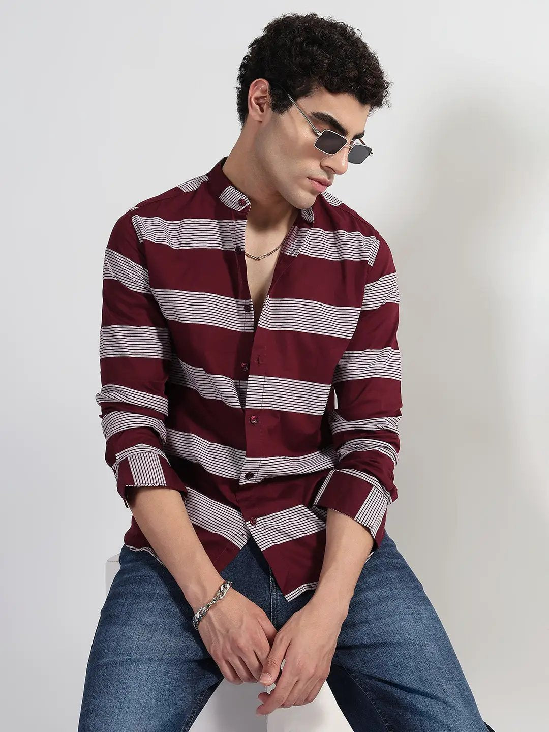 Men's Striped Maroon Mandarin Collar Slim Fit Shirt - from SHOWOFFFF