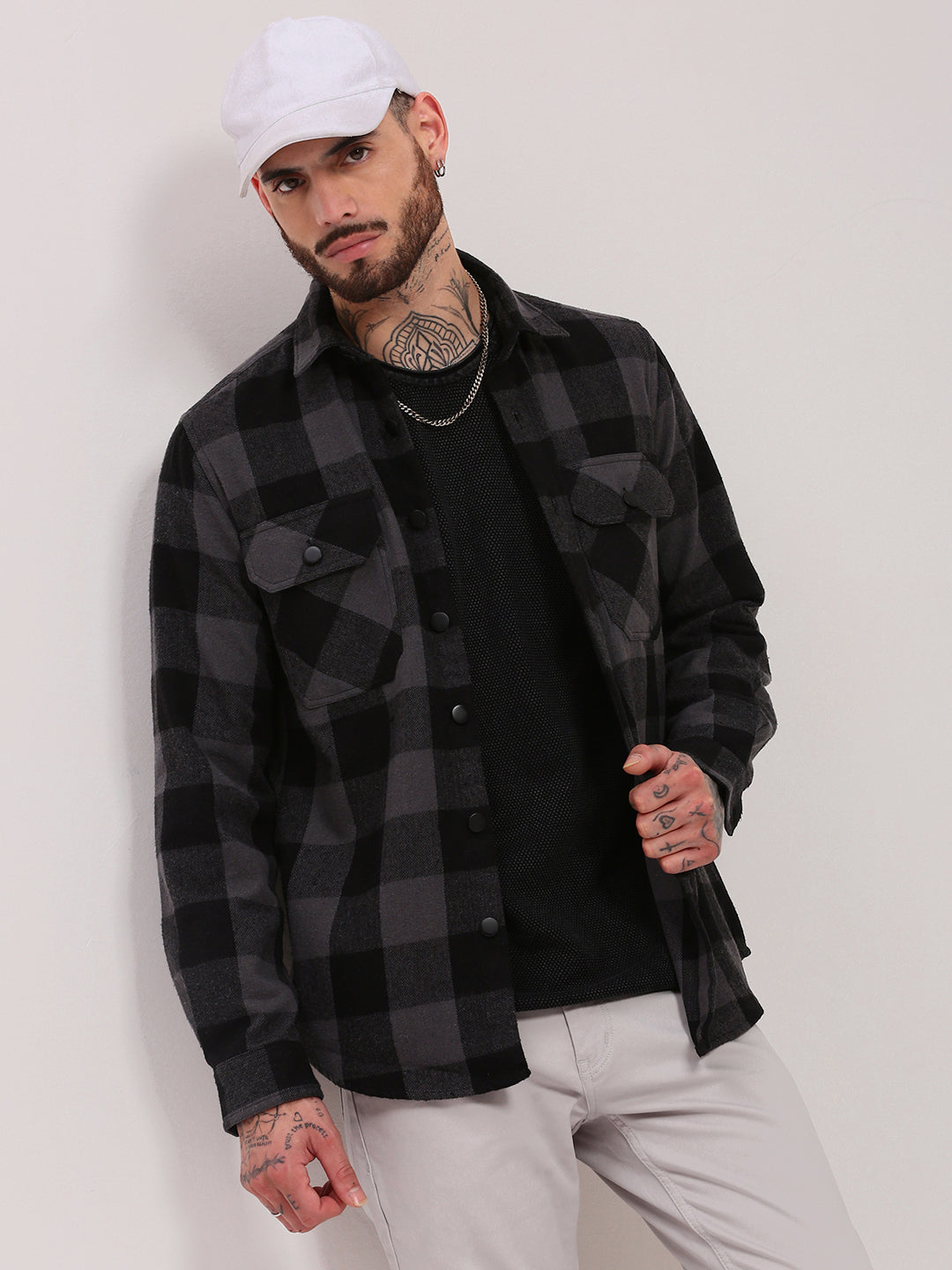Shop Men's Grey Checked Relaxed Fit Cotton Shacket Showoffff