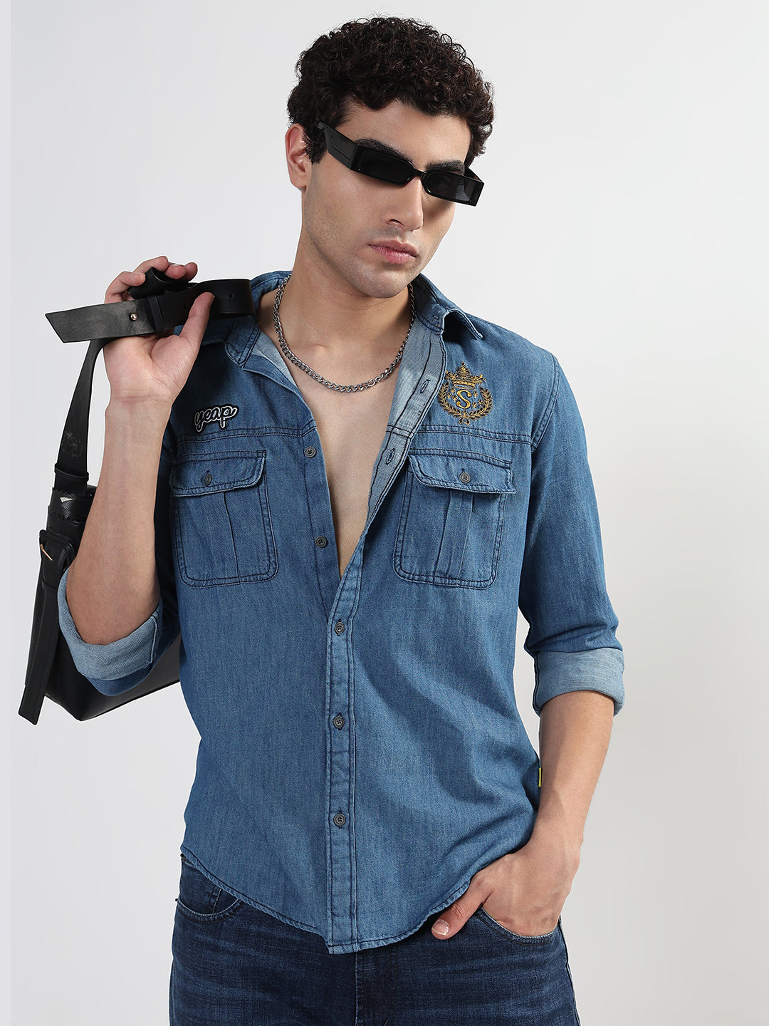 Buy Men's Blue Solid Slim Fit Denim Shirt with Chest Pocket online