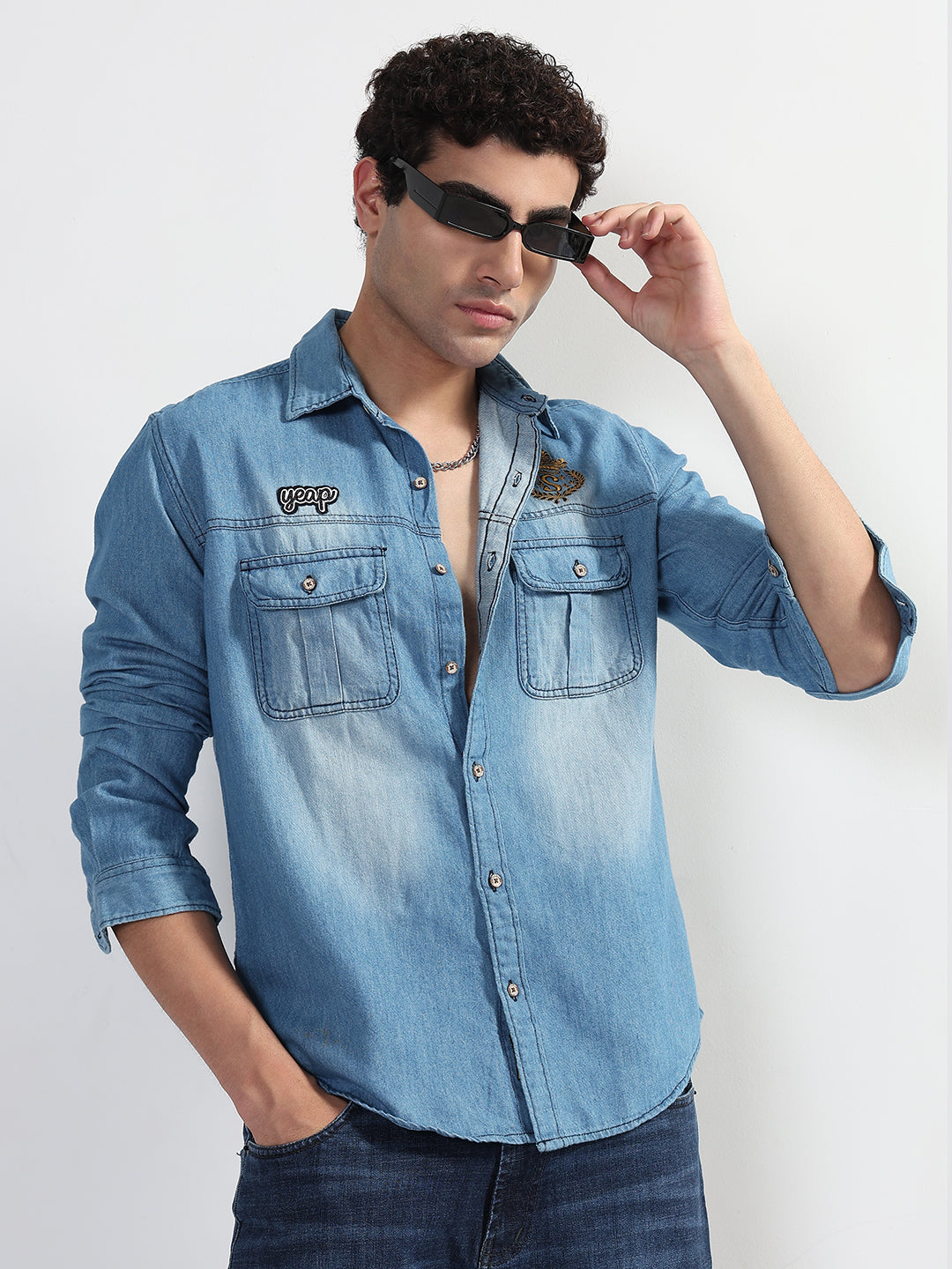 Men's Blue Solid Slim Fit Denim Shirt with Chest Pocket