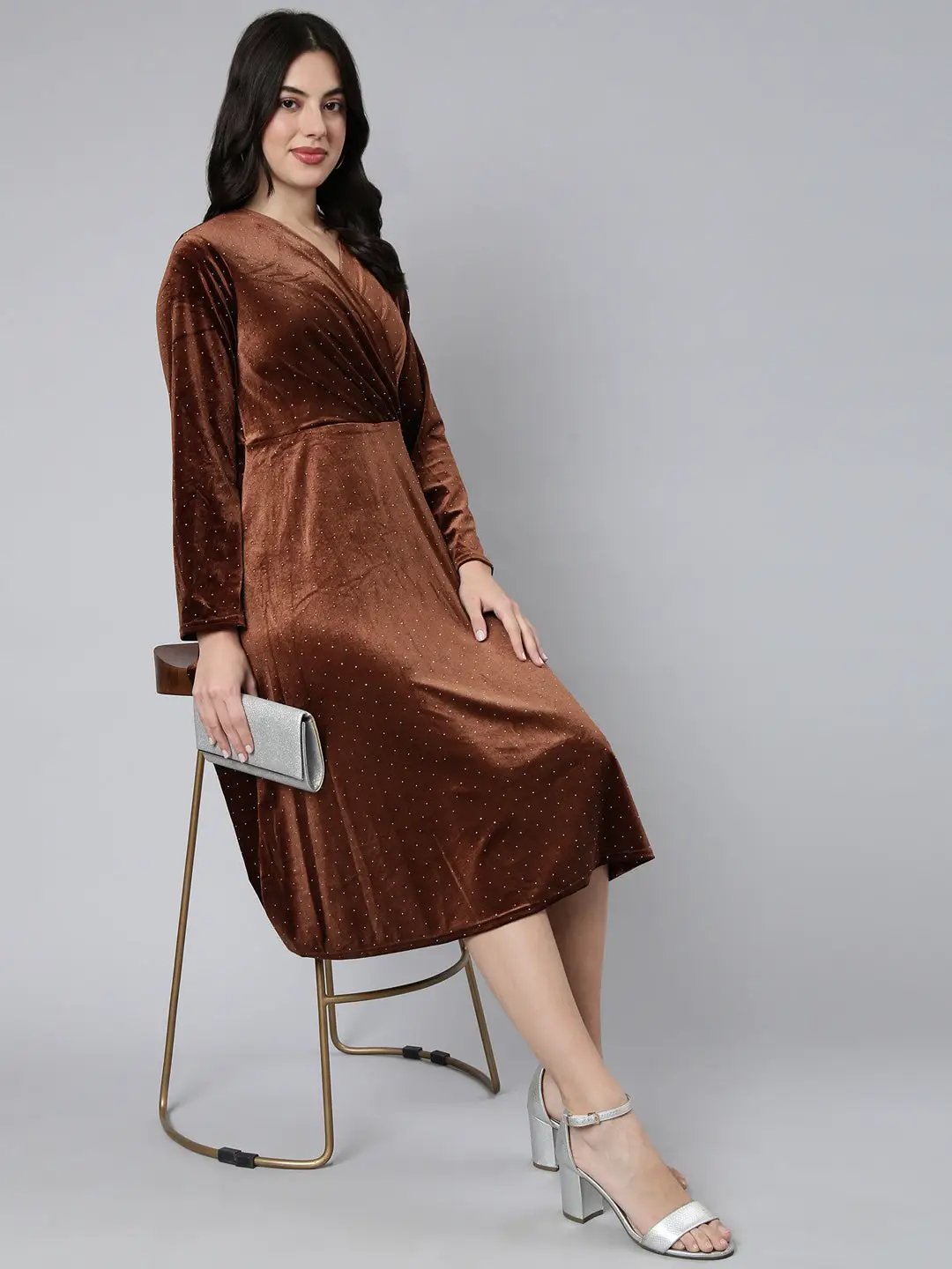 Shop Women's Brown Print Velvet A-Line Midi Dress| Showoffff