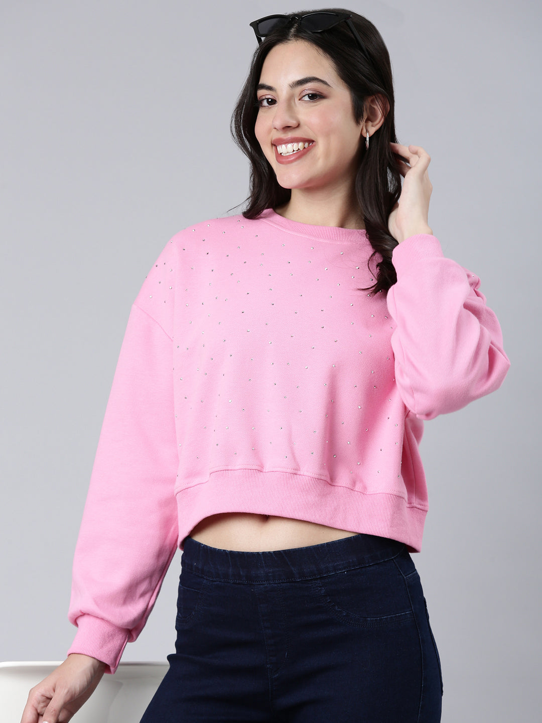 Buy Women's Pink Embellished Round Neck Long Sleeves Cotton Crop