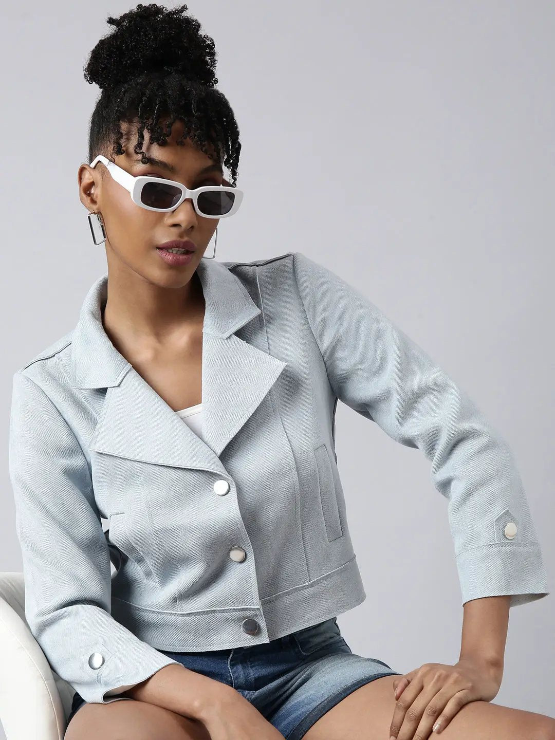 Women's Blue Suede Crop Tailored Jacket