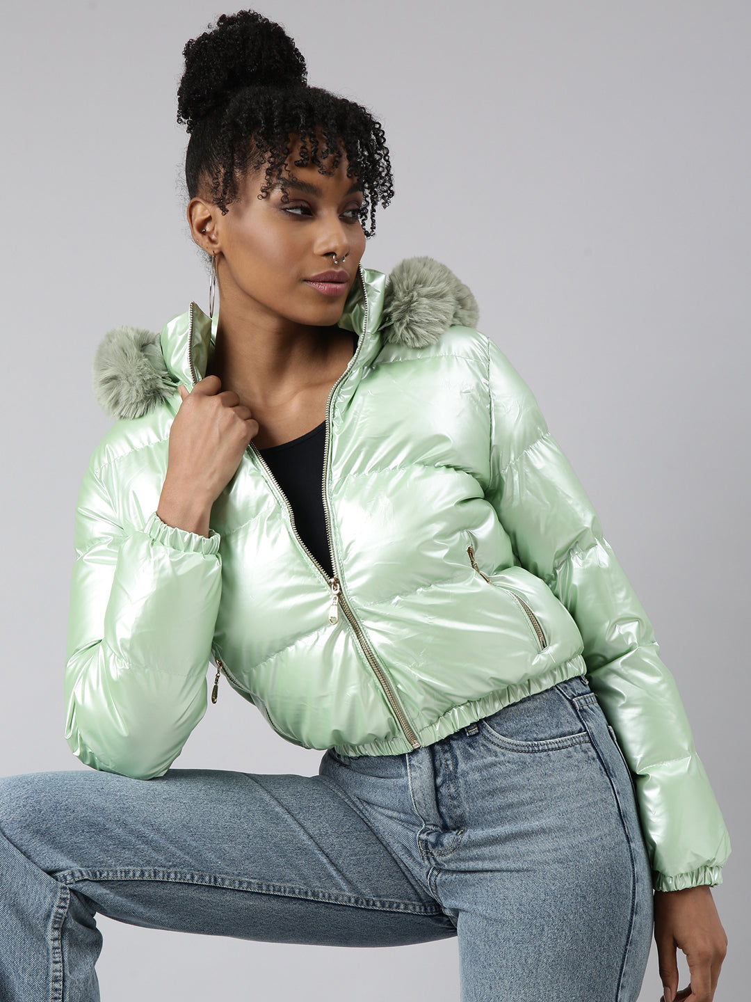 Buy Women's Green Hooded Puffer Jacket with Detachable Hood Online