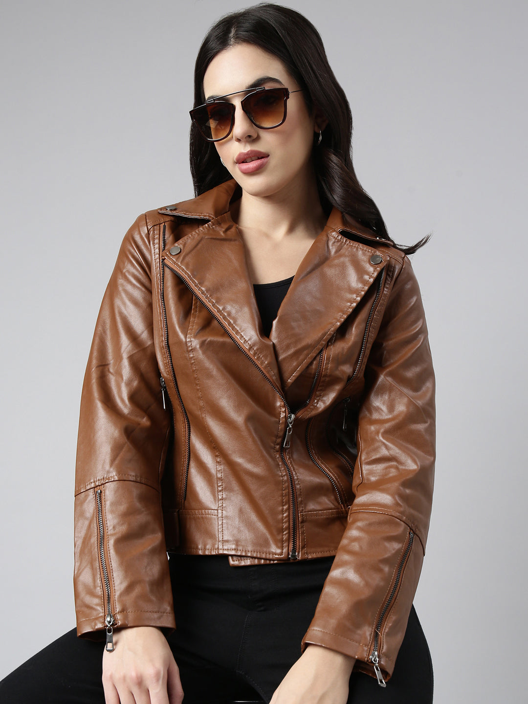 Buy Women's Brown Spread Collar Crop Biker Jacket Online Showoffff - Main Image