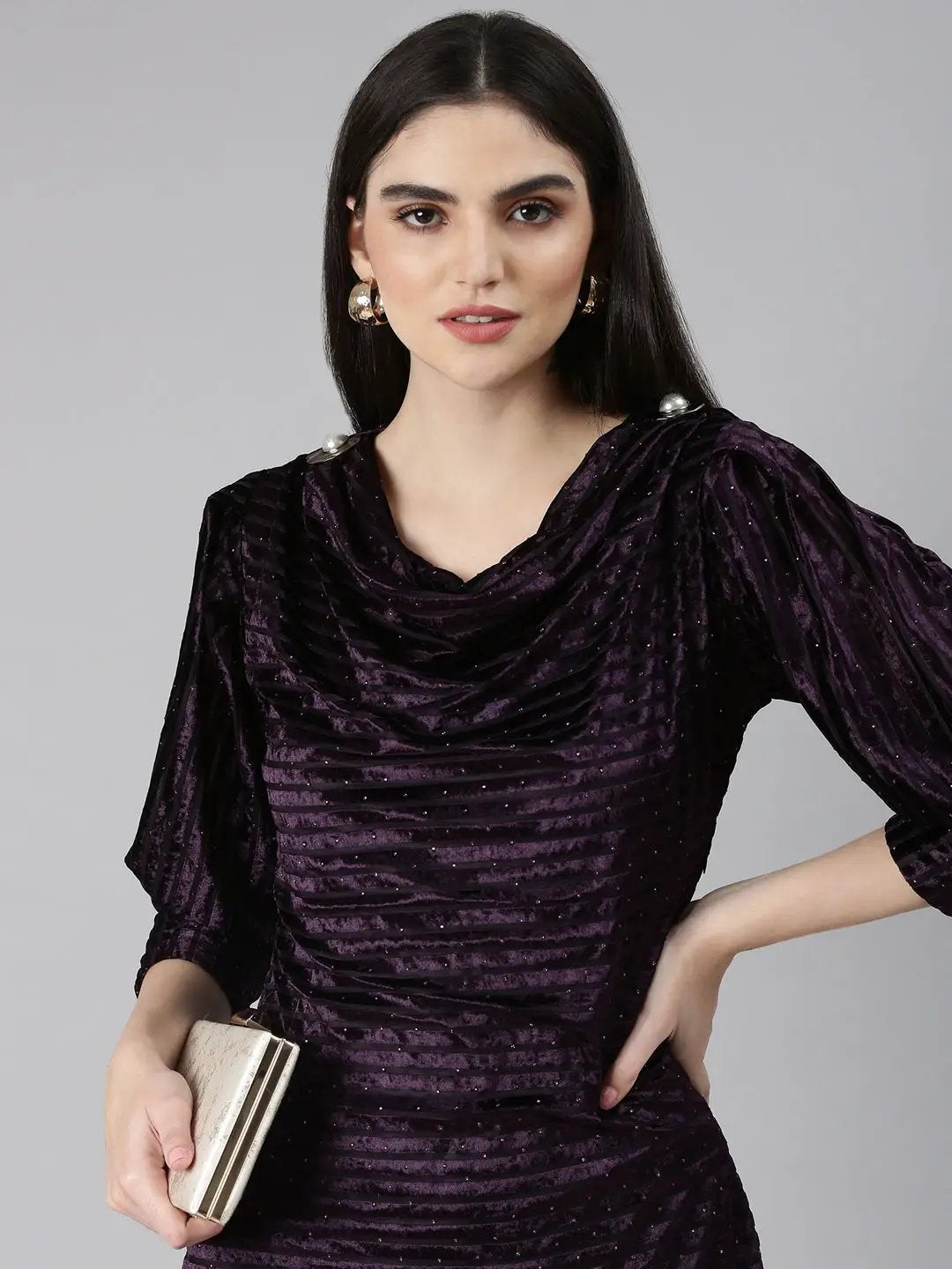 Shop Women's Purple Cowl Neck Embellished Cuffed Sleeves A-Line Dress| Showoffff Shop Women's Purple Cowl Neck Embellished Cuffed Sleeves A-Line Dress| Showoffff