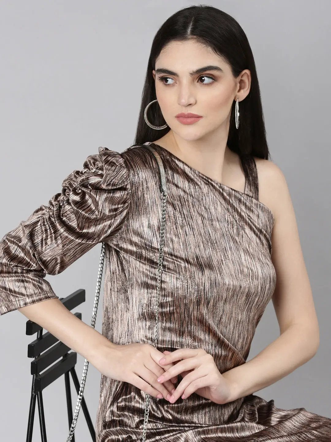 Shop Women's Brown One Shoulder Puff Sleeve Velvet Sheath Dress| Showoffff