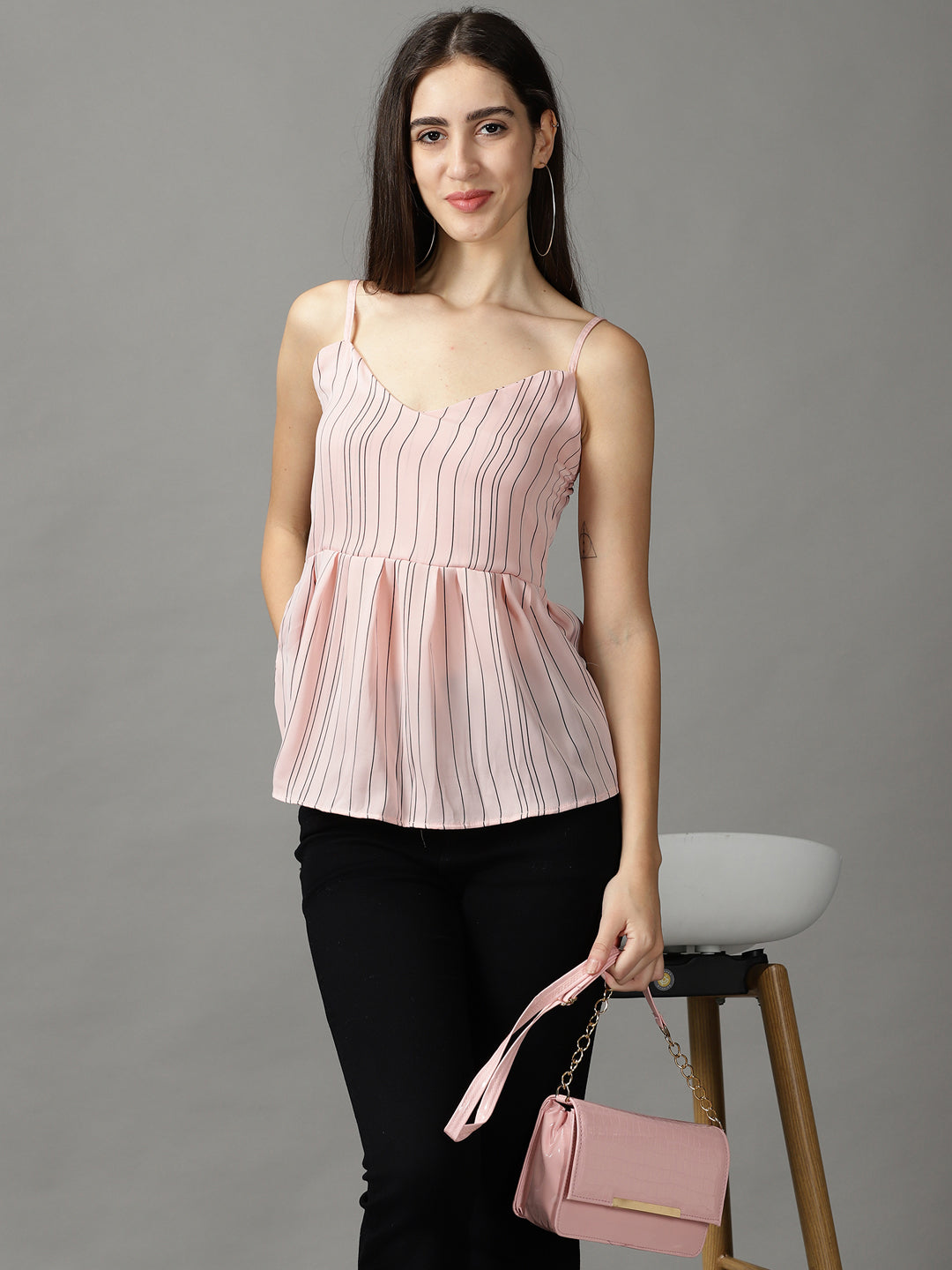 SHOWOFFFF Women Pink Striped Shoulder Straps Sleeveless Regular