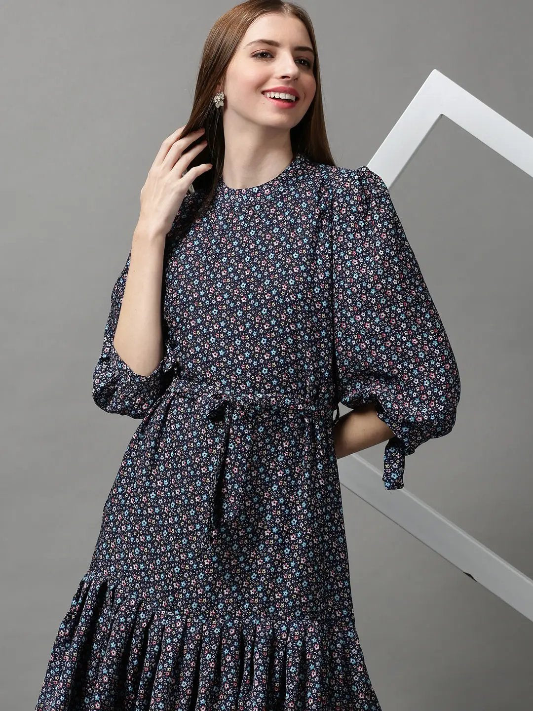 SHOWOFFFF Women Navy Blue Printed High Neck Full Sleeves Maxi