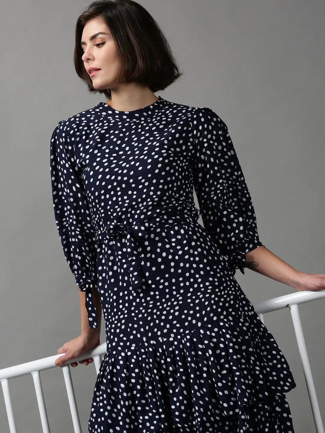 Shop Women's Navy Blue Polka Dot Printed Layered Chiffon Dress| Showoffff