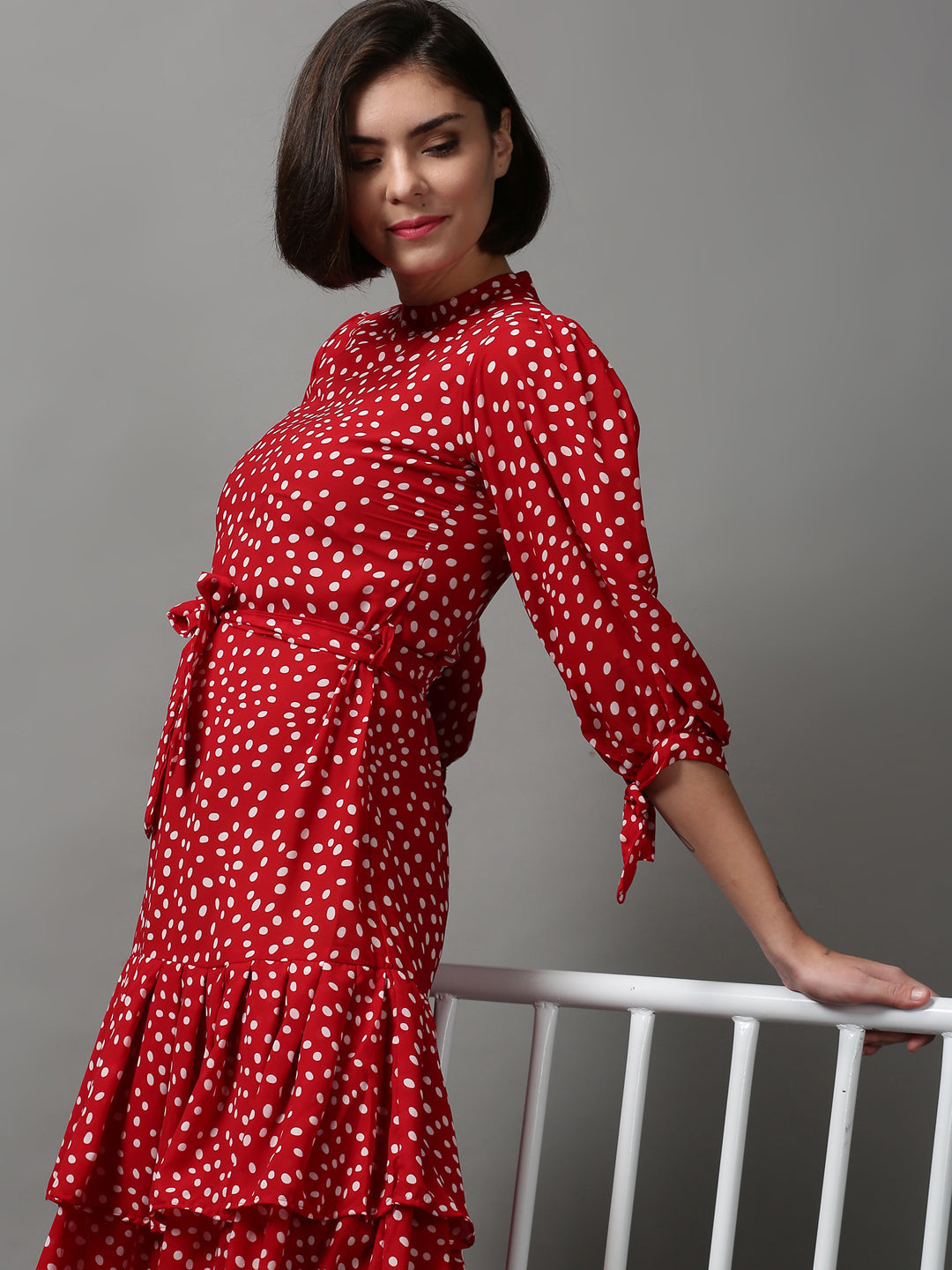 SHOWOFFFF Women Red Printed High Neck Three-Quarter Sleeves Maxi